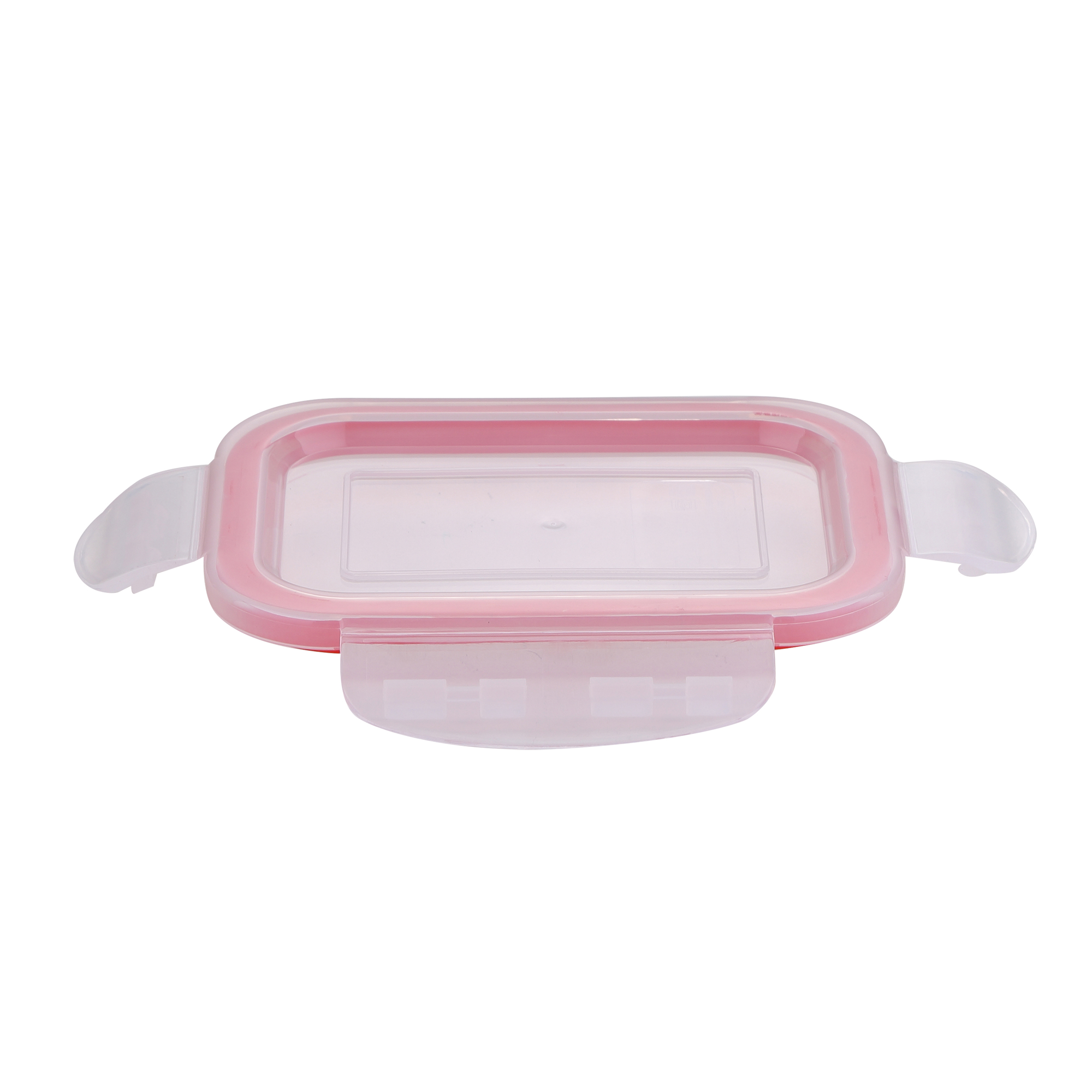 Recipiente rectangular rosa para alimentos con tapa transparente y clips blancos.