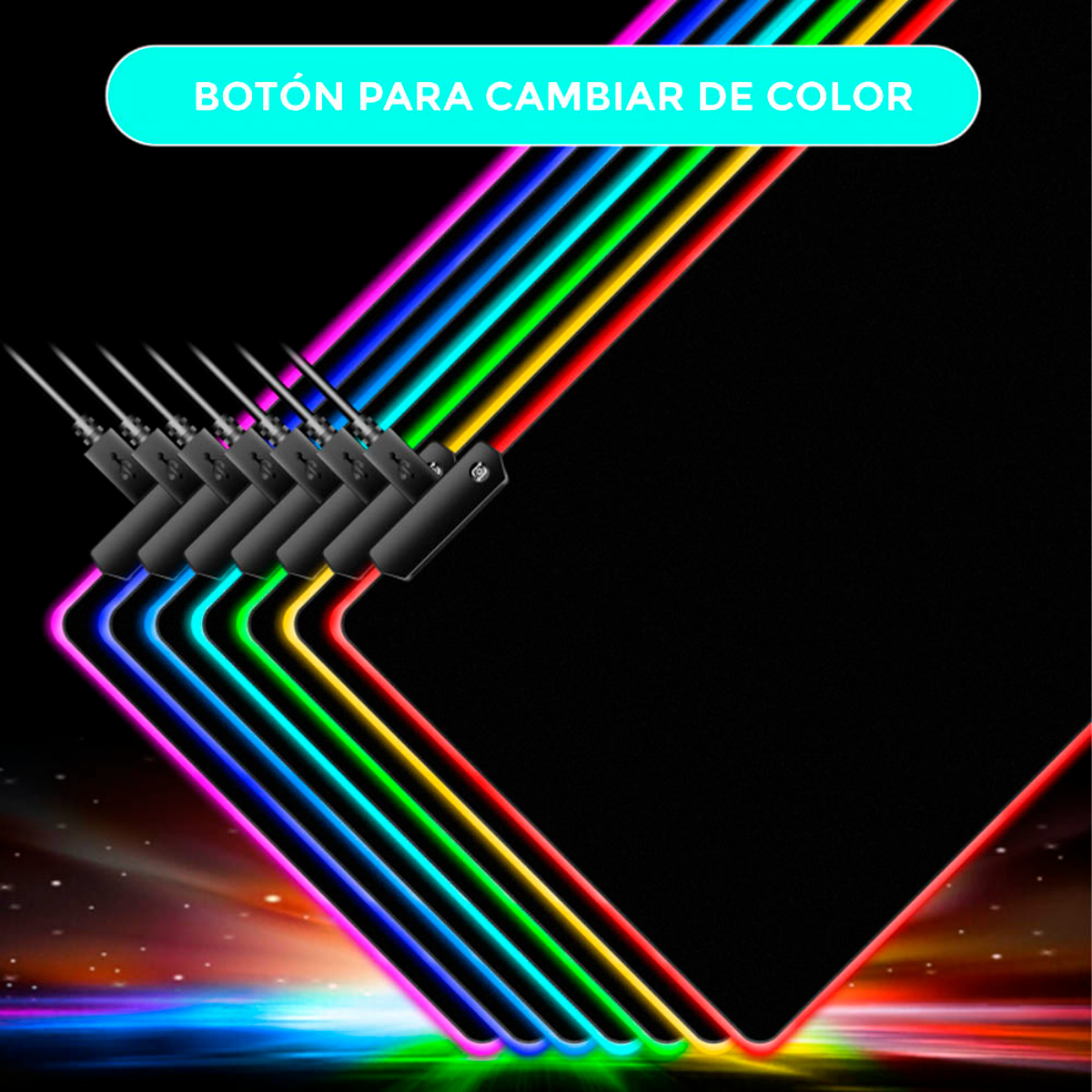 Una alfombrilla de ratón para juegos negra con luces LED de varios colores.