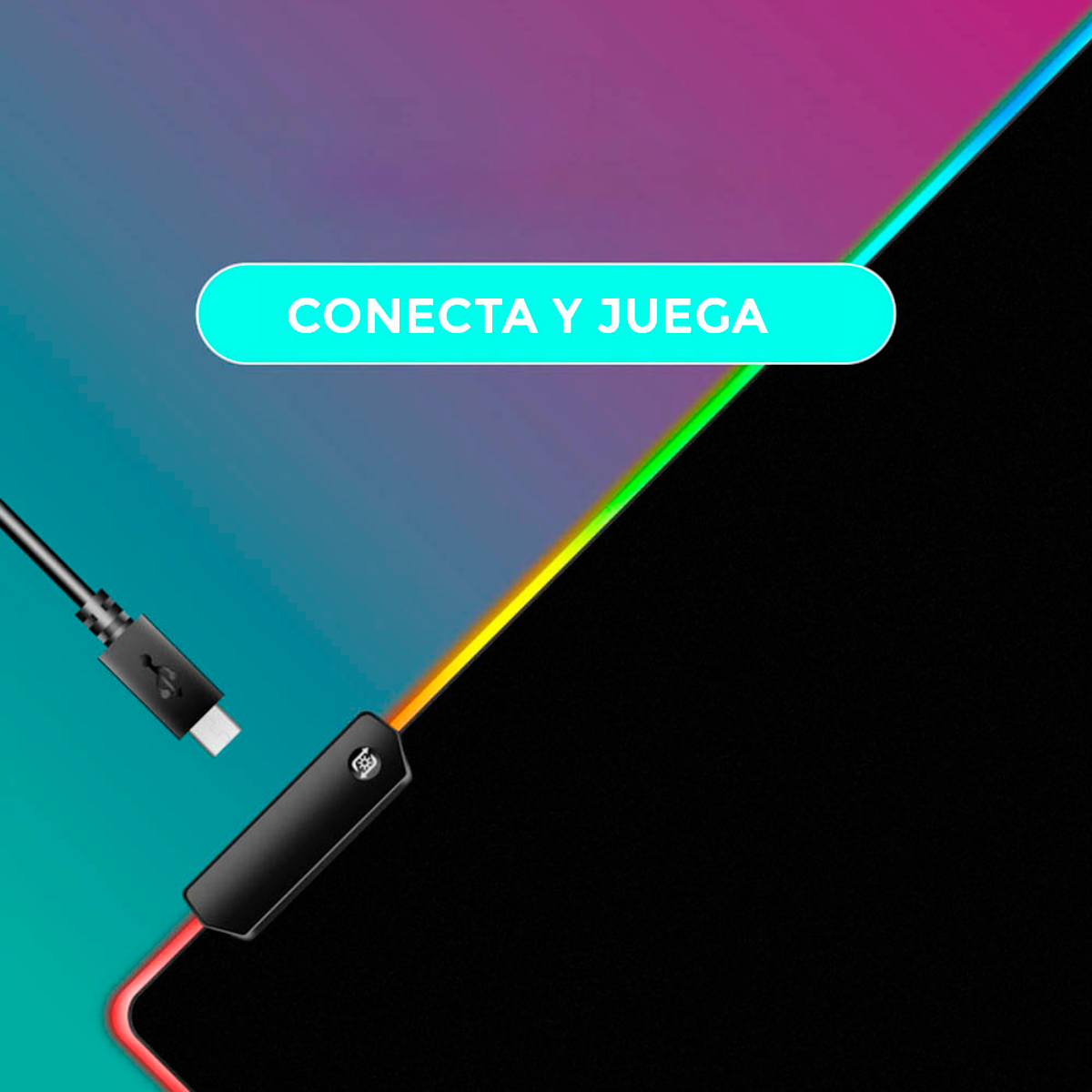 Un cable con conectores USB y USB-C, superficie negra y texto 'CONECTA Y JUEGA'.