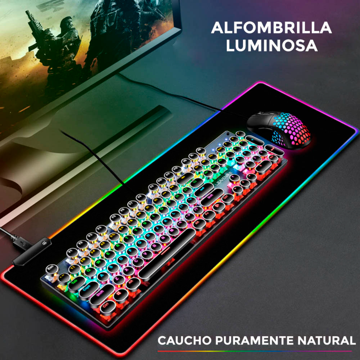 Teclado y ratón iluminados en una alfombrilla negra y roja. Las teclas del teclado se iluminan con múltiples colores.