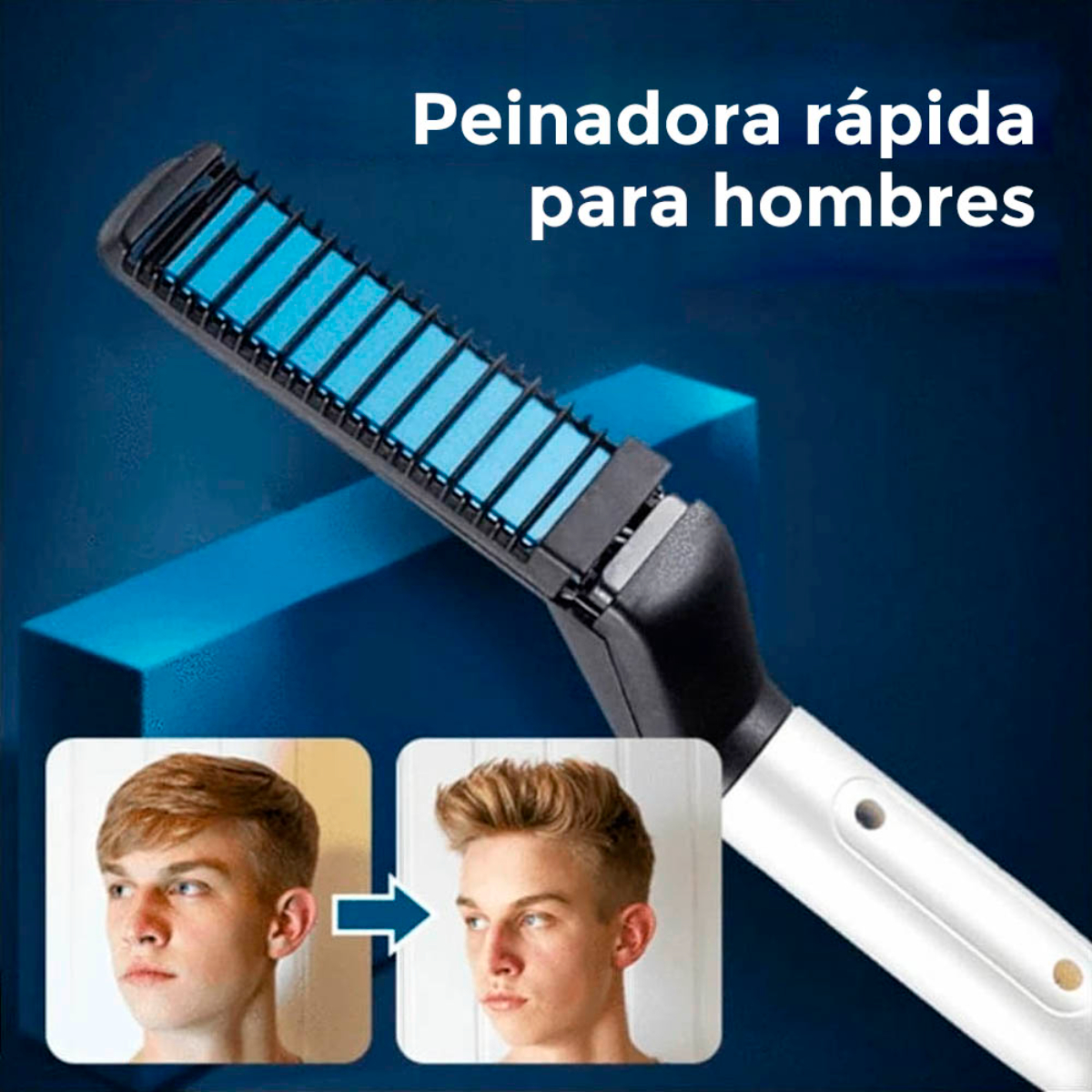 Plancha de pelo en uso. Imágenes del antes y el después del cabello de un hombre. Fondo azul.