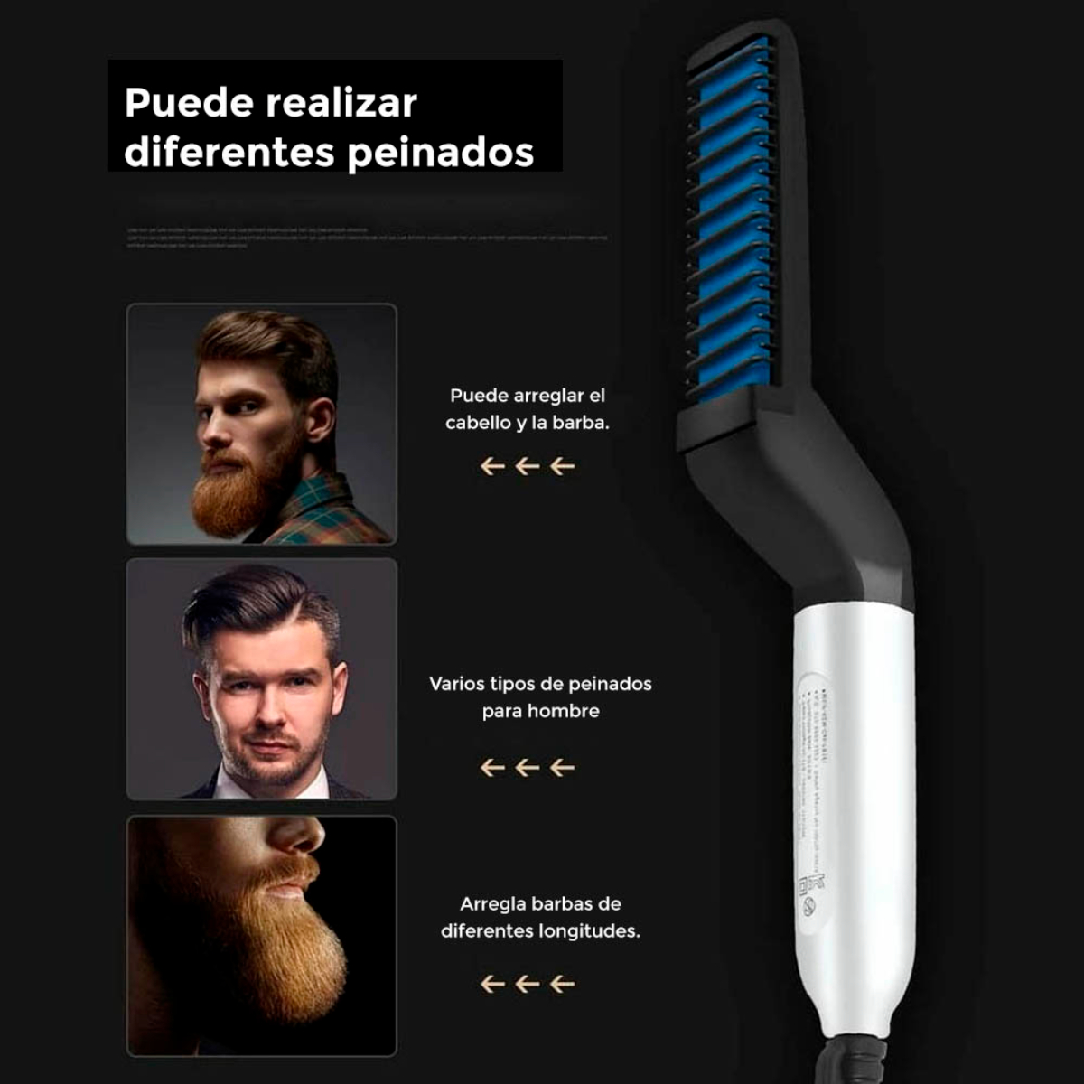 Un peine con cerdas azules y un mango blanco, sobre un fondo negro con texto.