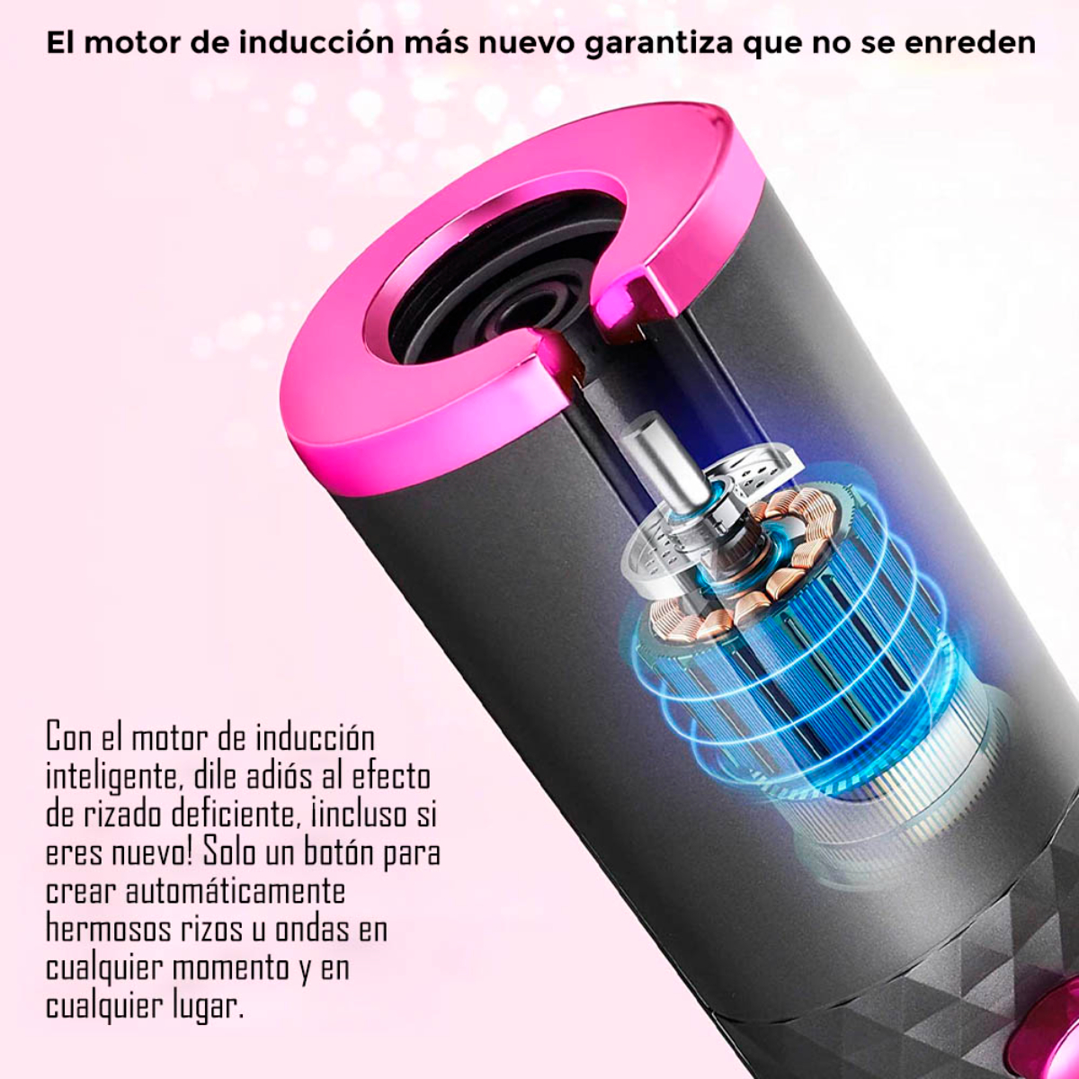 Rizador de pelo rosa y negro, que muestra una bobina en el interior. Texto en el lateral.