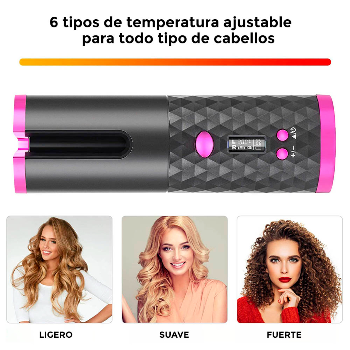 Rizador de pelo con pantalla y tres mujeres con diferentes estilos de cabello, sobre fondo blanco.