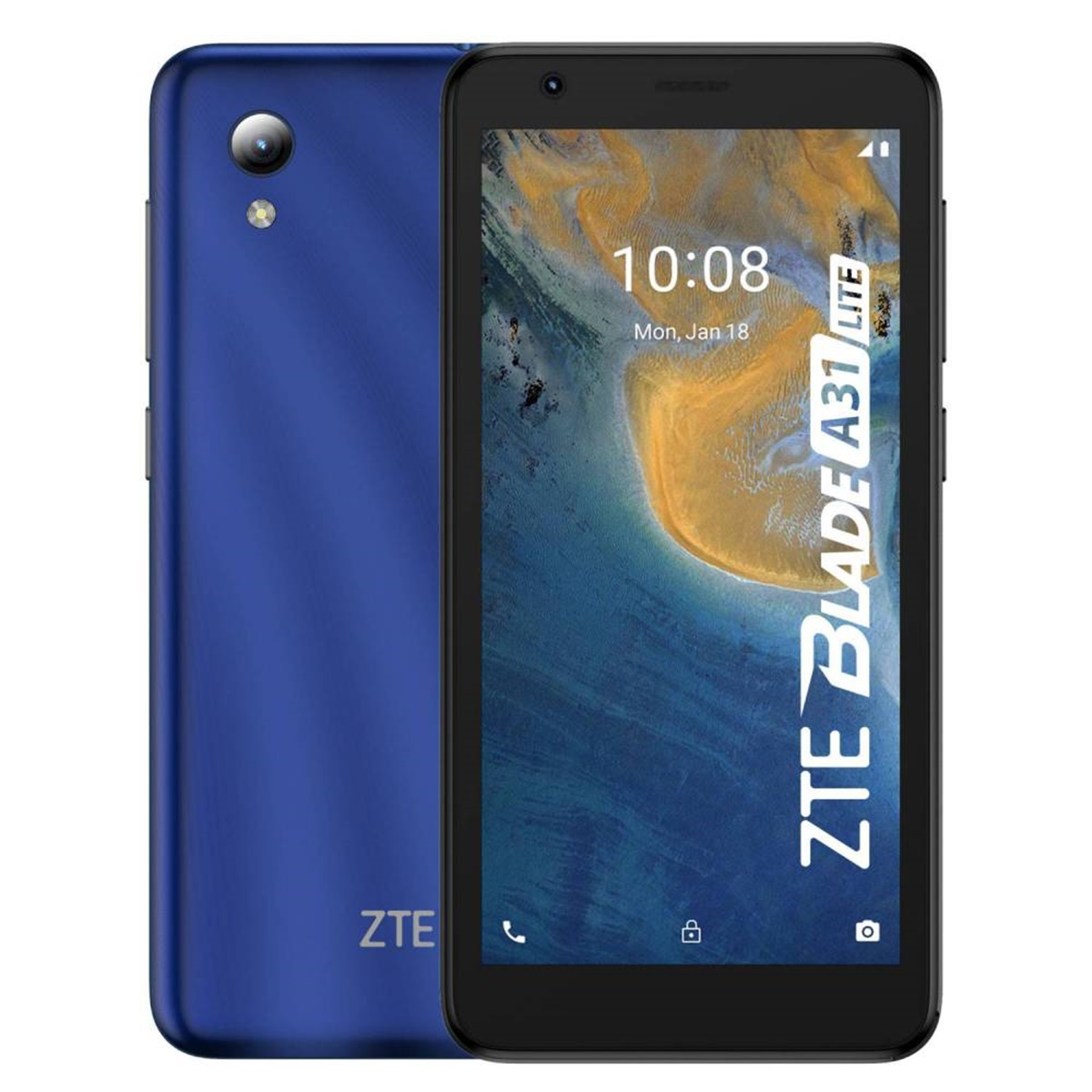 Blaues Telefon, schwarzer Bildschirm mit Uhrzeit und Datum. Rückseite des Telefons sichtbar. Weißer Hintergrund.