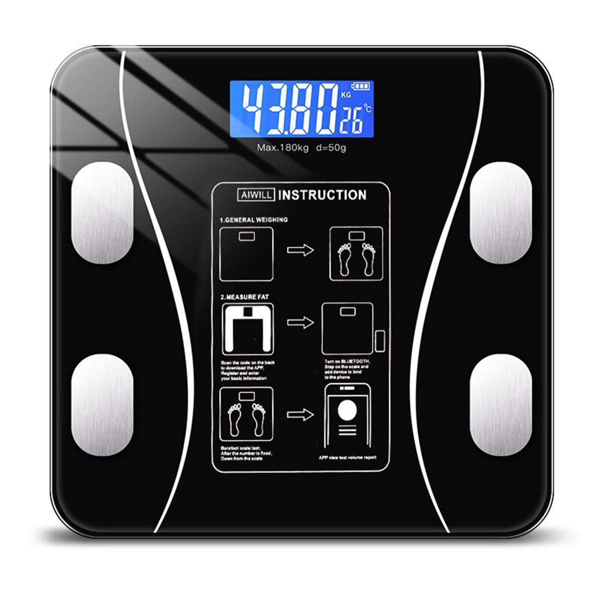 Báscula digital en blanco y negro con pantalla digital. Muestra peso e instrucciones.