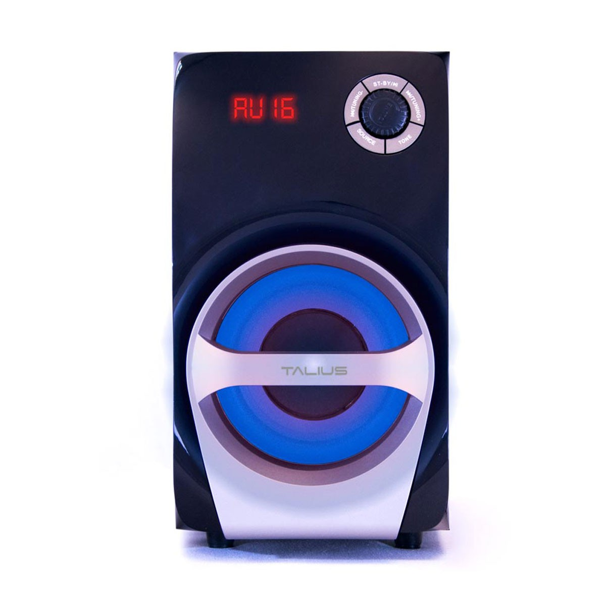 Altavoz negro con luz azul. Controles de volumen y fuente en la parte superior.