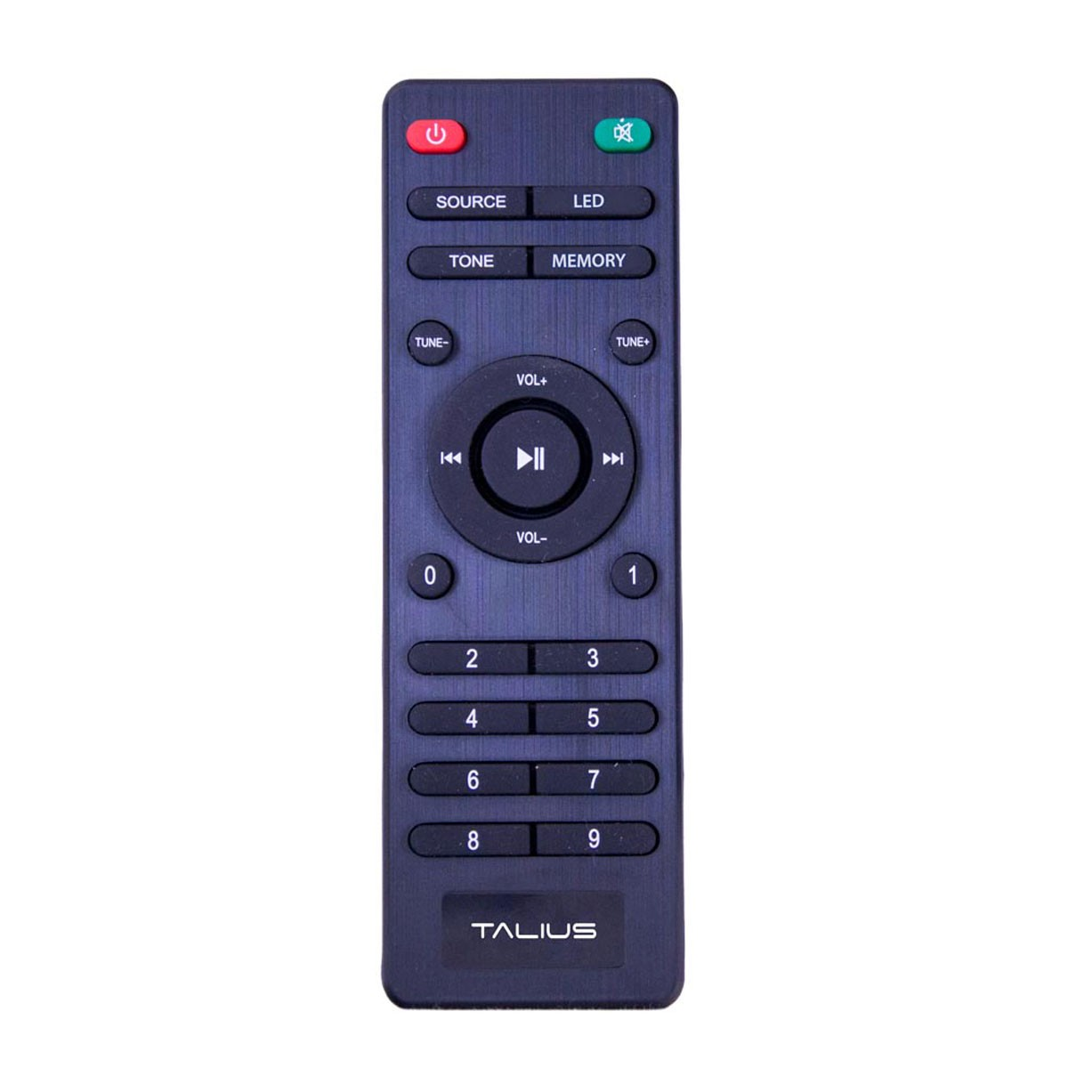 Un mando a distancia negro con botones: fuente, led, tono, memoria, tune +, tune-, vol+ y vol-.