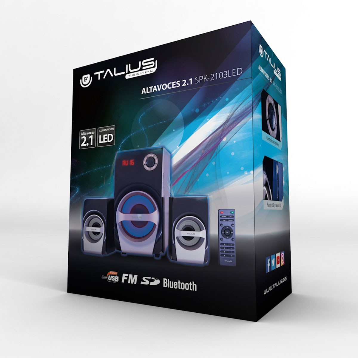 Caja de altavoces. Negro con altavoces y mando a distancia. Etiqueta dice Altavoces 2.1. Bluetooth, USB, FM y SD.