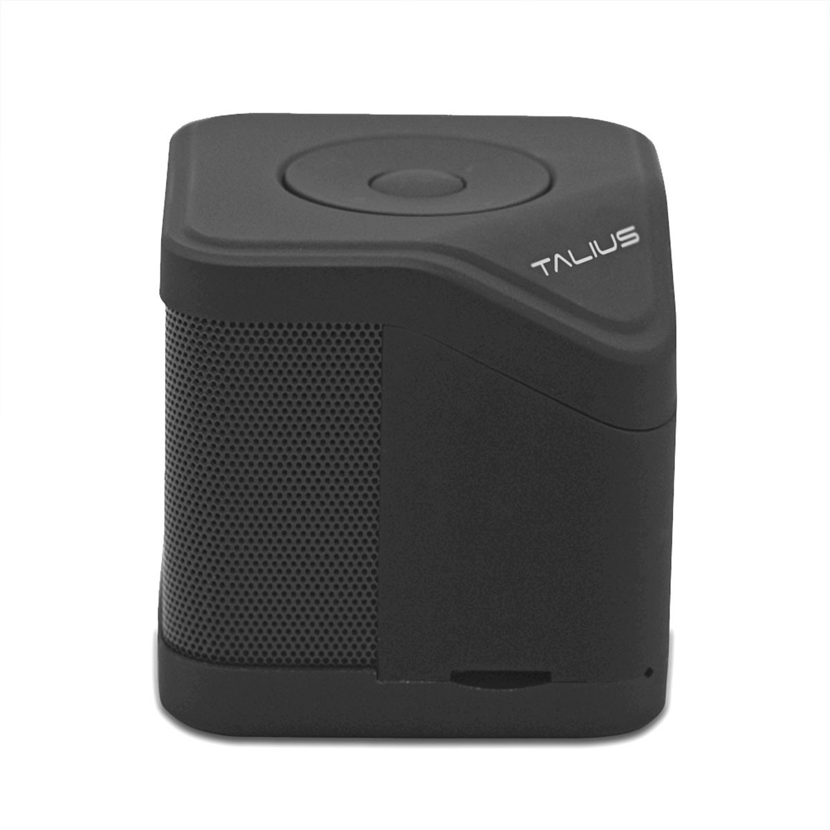 Un altavoz negro de forma cuadrada con una rejilla frontal y la palabra “TALIUS” en el lateral.