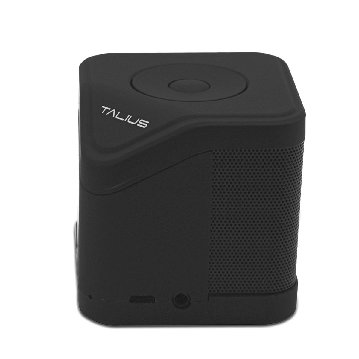 Altavoz negro en forma de cubo con texto. Fondo blanco.