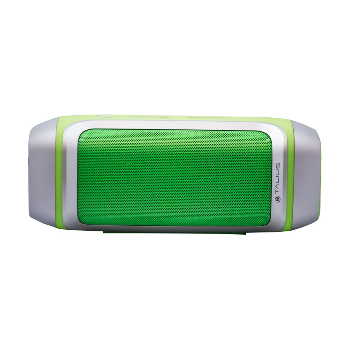 Groene en zilverkleurige rechthoekige luidspreker met mesh voorkant, geïsoleerd.