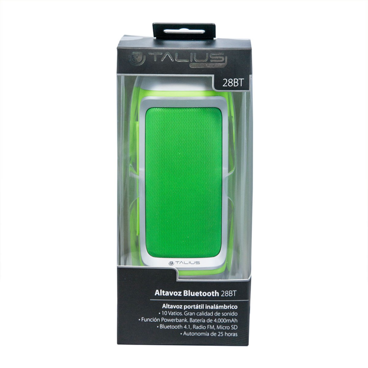 Groene en zilveren luidspreker in een doorzichtige plastic doos. Zwarte tekst. Witte achtergrond.