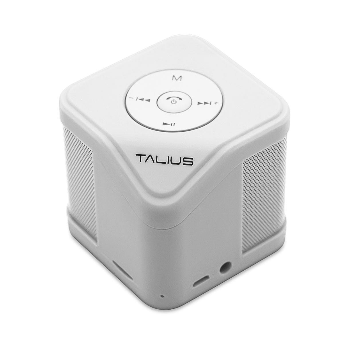 Un altoparlante quadrato bianco con lati a rete e pulsanti di controllo sulla parte superiore. Il marchio è 'TALIUS'.