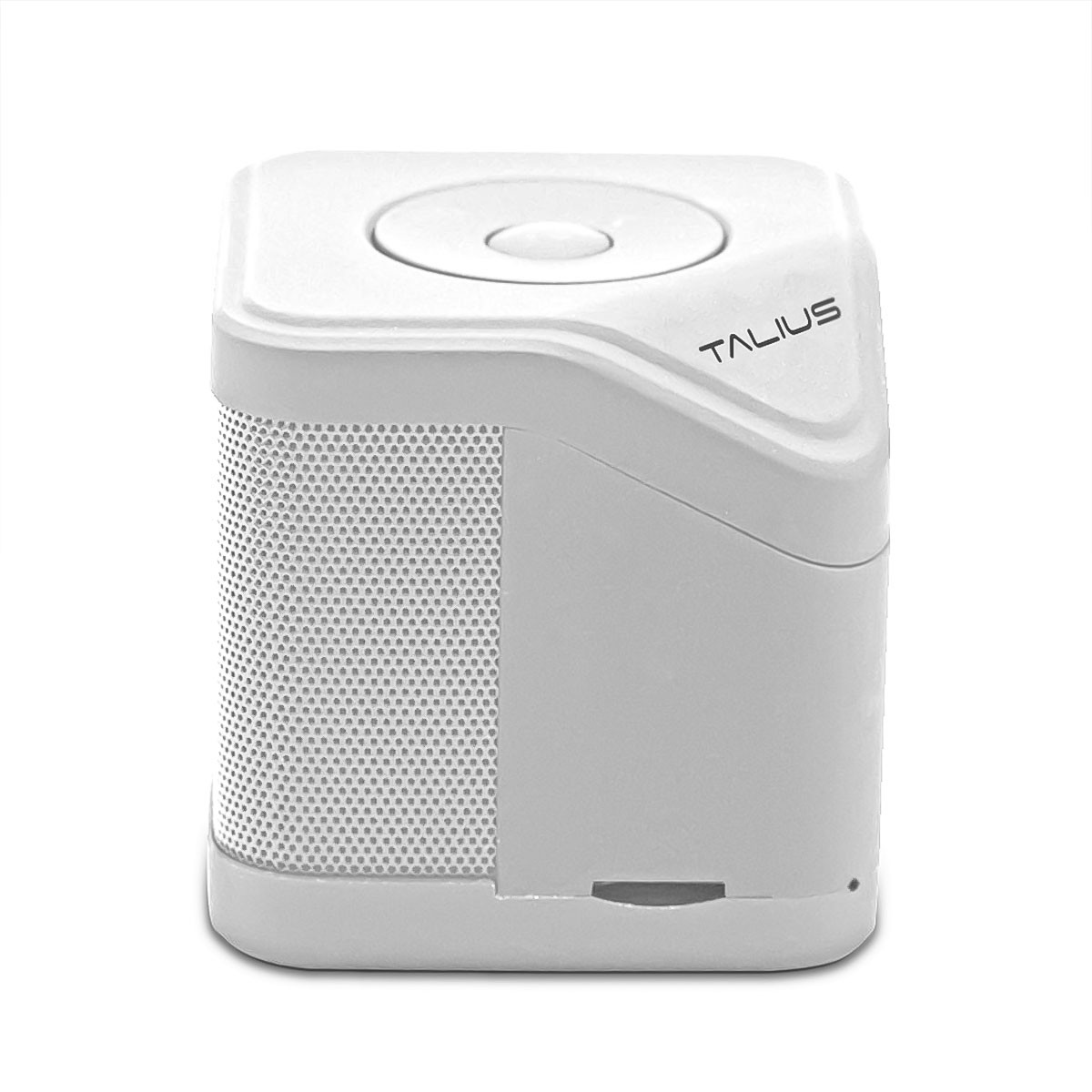 Altoparlante bianco con un lato perforato e sfondo bianco.