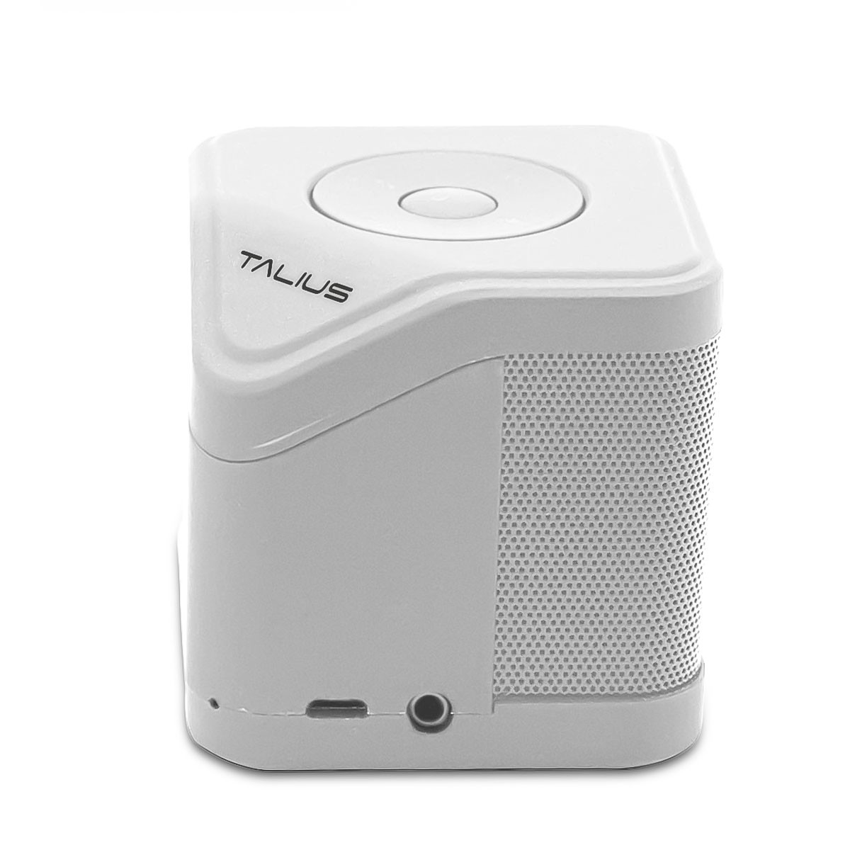 Altoparlante bianco a forma di cubo con una parte superiore circolare e una piccola porta.