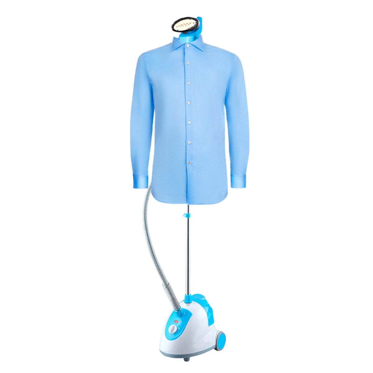 Camisa azul en maniquí con vaporizador. Base del vaporizador azul y blanca.