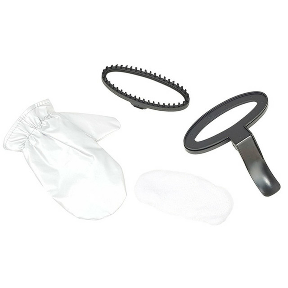 Un conjunto de accesorios para limpiador a vapor: guante, cabezal de cepillo y un marco.