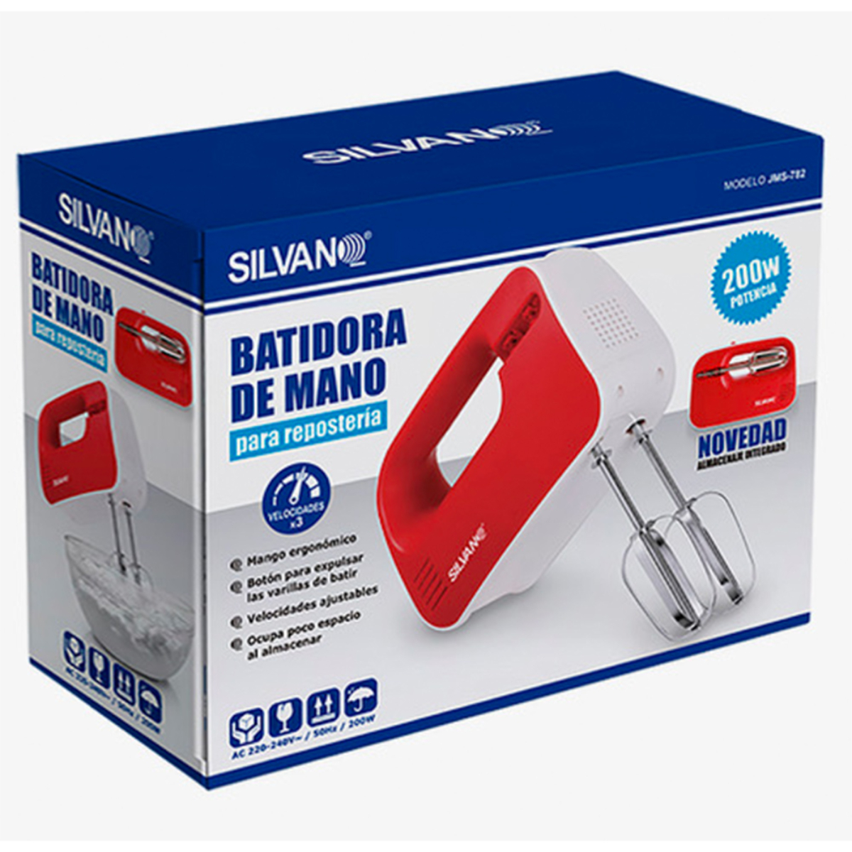 Una batidora de mano blanca y roja en su caja, con texto e imágenes en el embalaje.