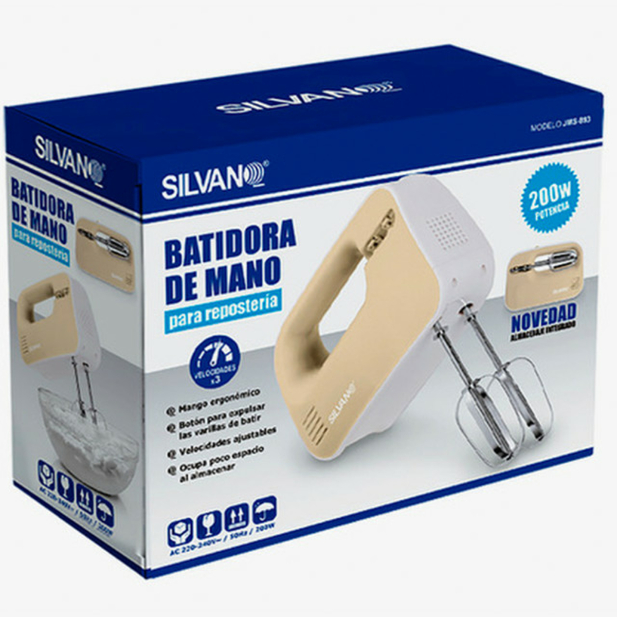 Caja con batidora de mano. Colores beige y blanco. Texto: Batidora de mano.