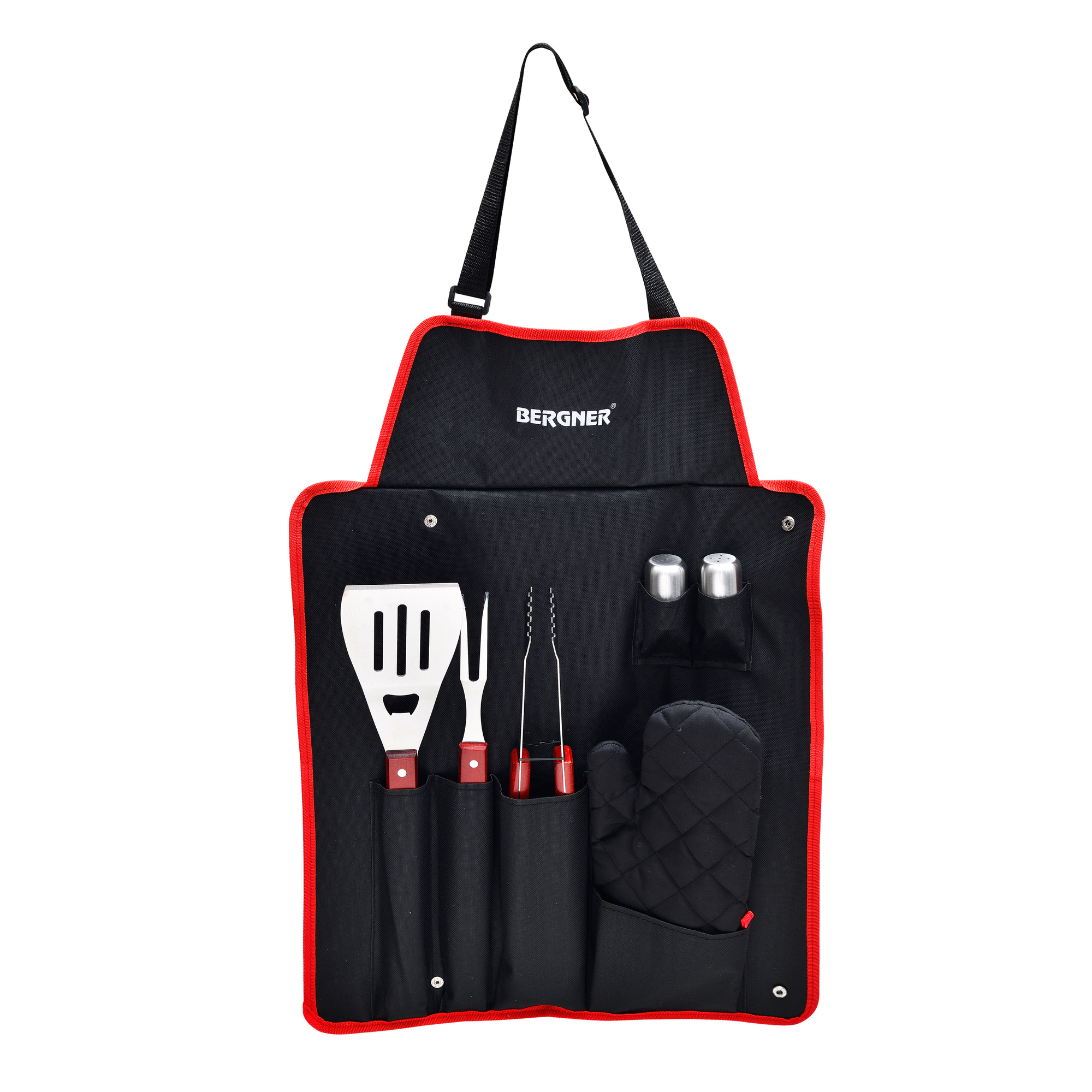 Un delantal negro con utensilios para asar, incluyendo espátula, tenedor, pinzas y manopla.