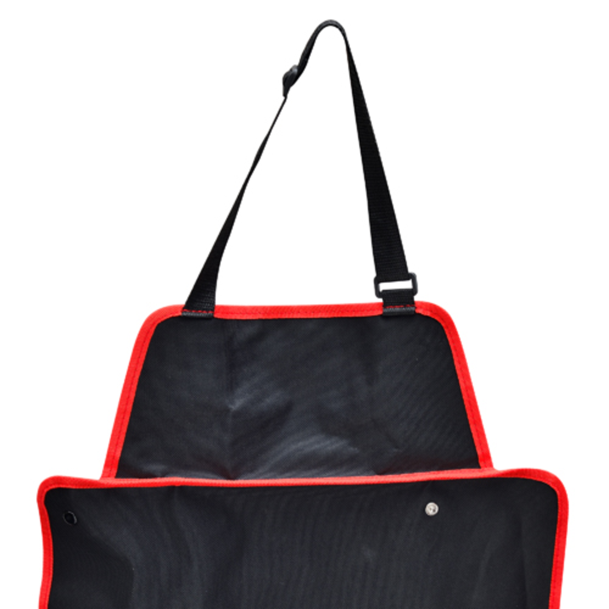 Protector de asiento de coche negro con ribete rojo, con correa ajustable.