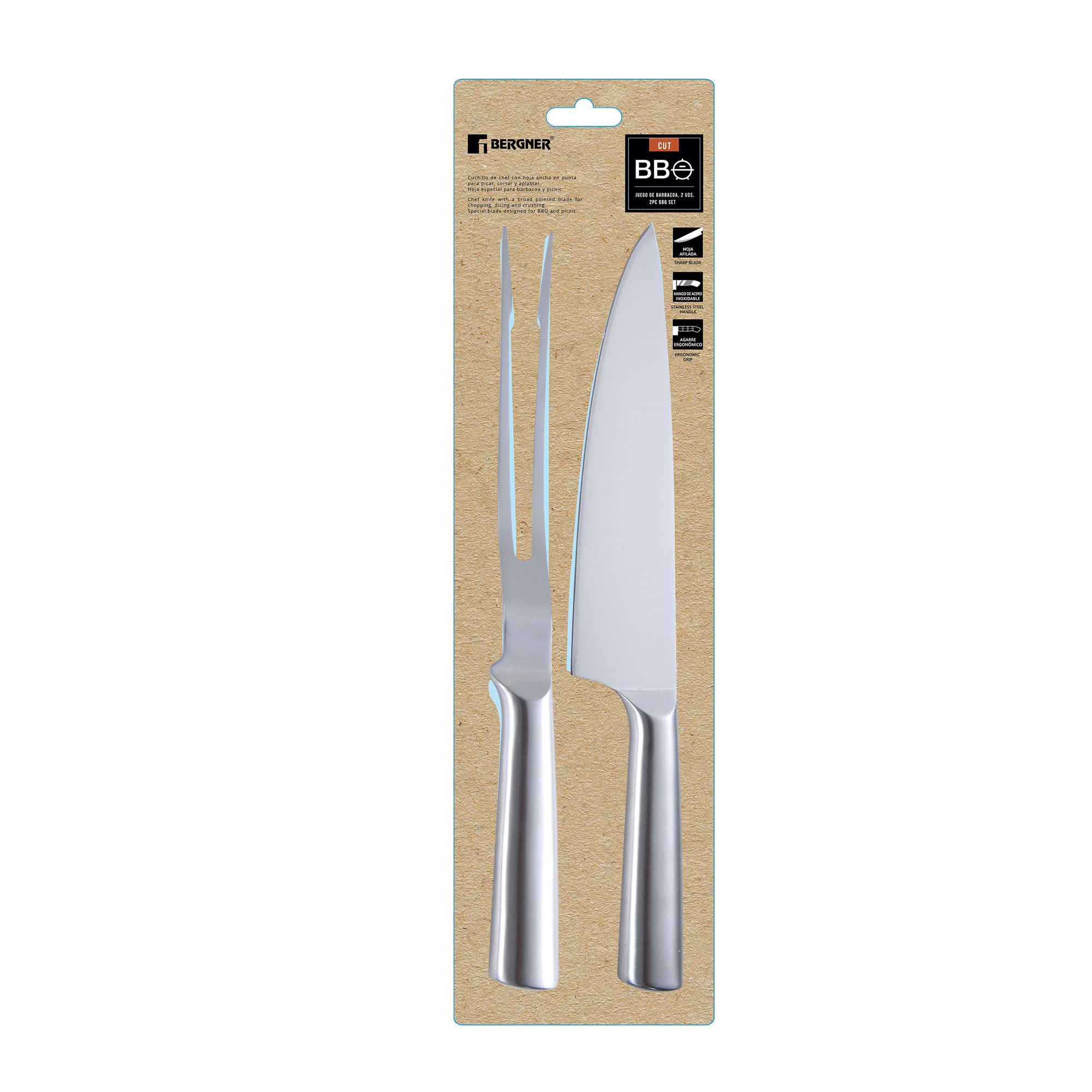 Juego de utensilios de cocina en un paquete, incluyendo tenedor y cuchillo.