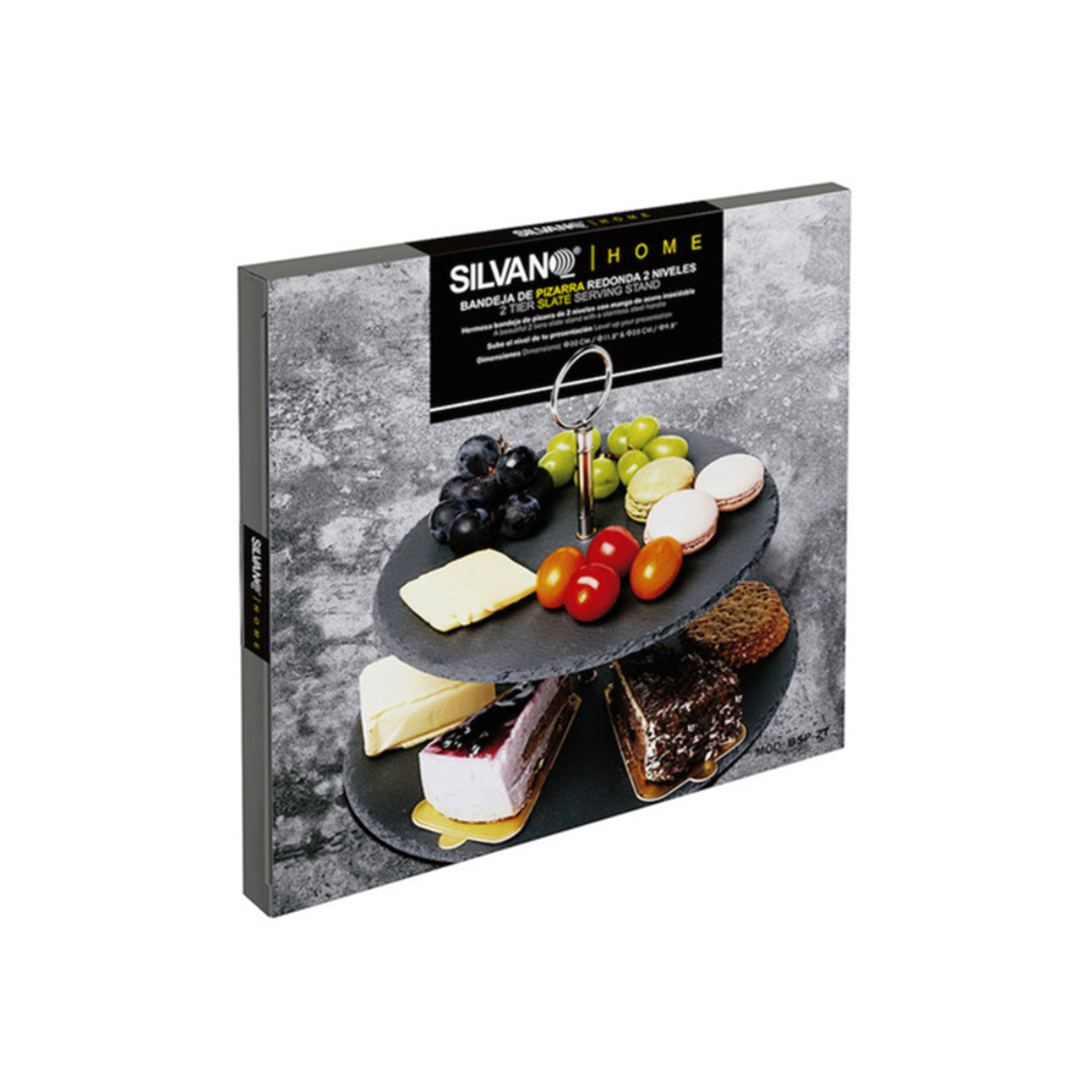 Bandeja de servicio de dos niveles con alimentos. Caja con información del producto.
