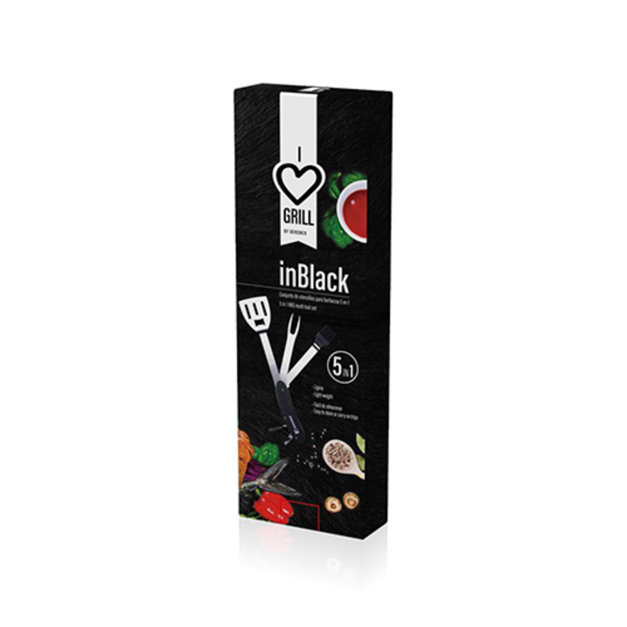 Una caja negra con fotos de utensilios de cocina e ingredientes. Fondo blanco.