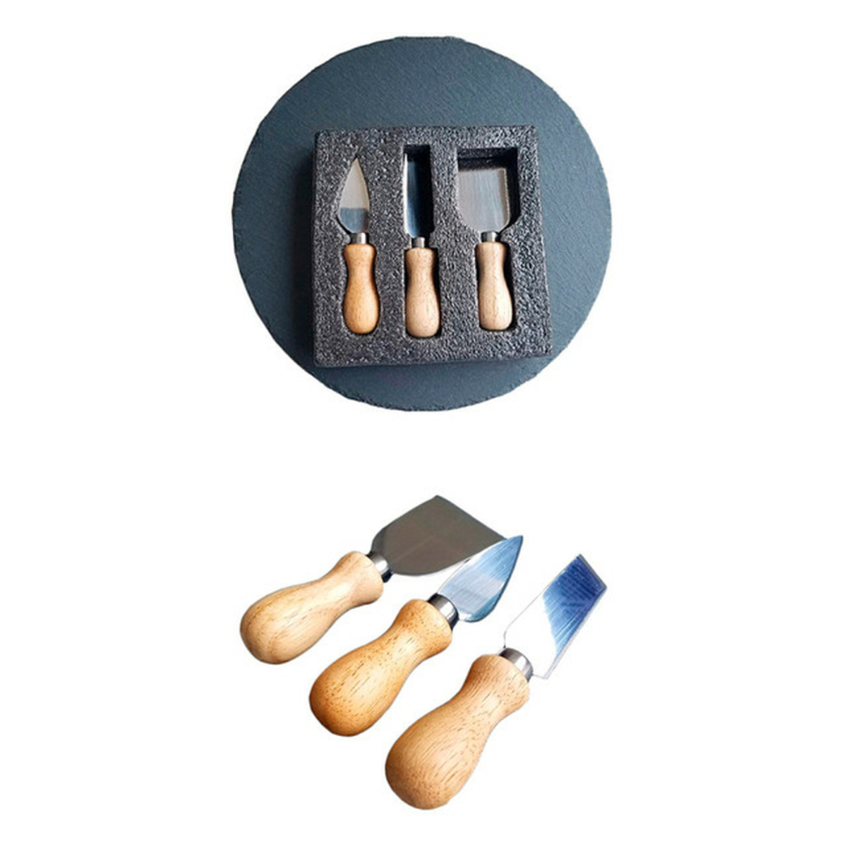 Cuchillos de queso sobre tabla de pizarra y debajo. Mangos de madera y hojas de metal.