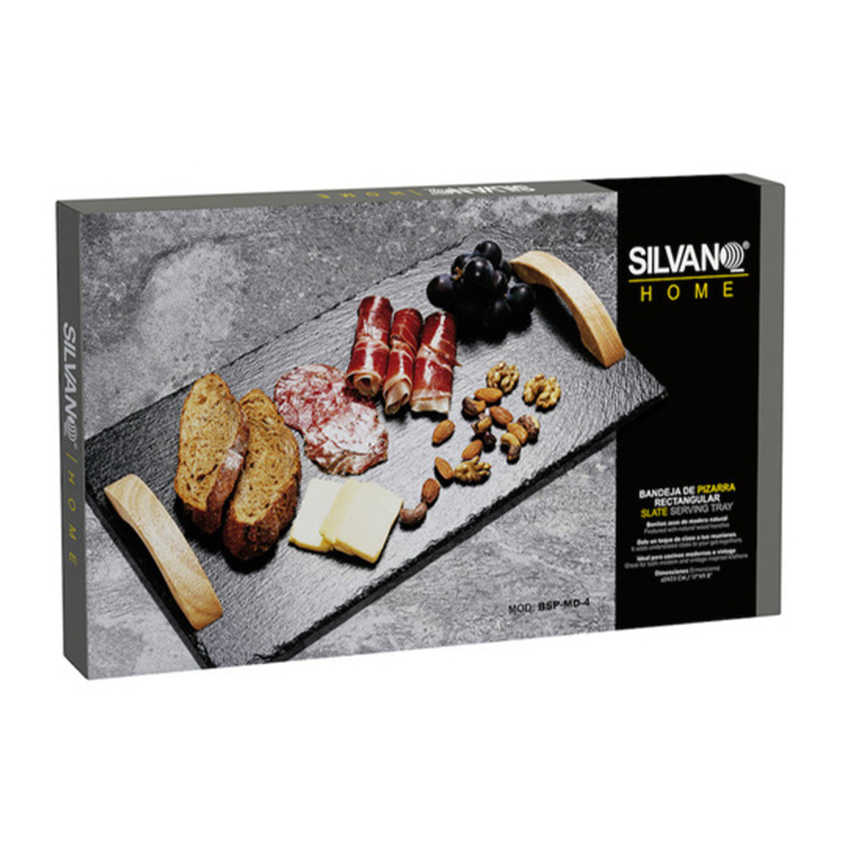 Una caja con comida en una bandeja de pizarra. Contiene salami, queso, uvas, pan y nueces.