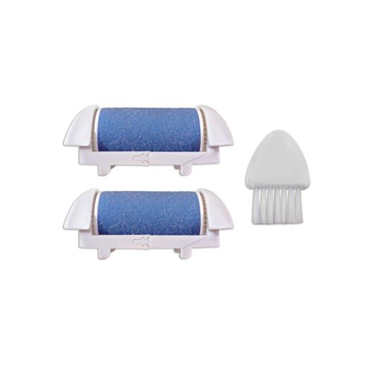Dos accesorios de lima de pies azules y un cepillo blanco. Son para un dispositivo de cuidado de pies.