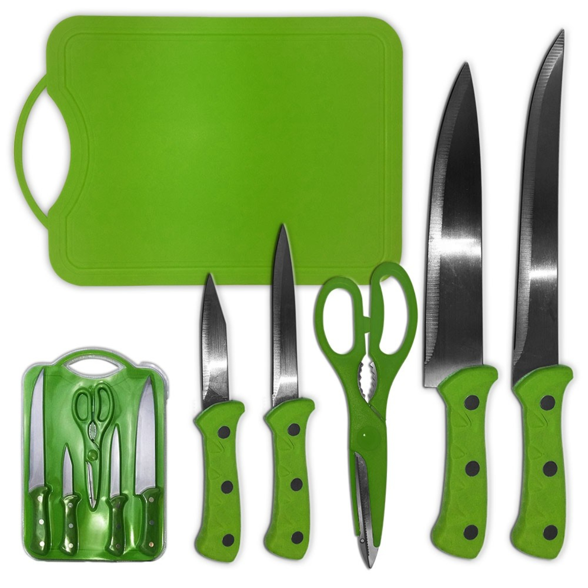 Una tabla de cortar verde con un juego de cuchillos y tijeras con mango verde. Un juego de cuchillos en un estuche.