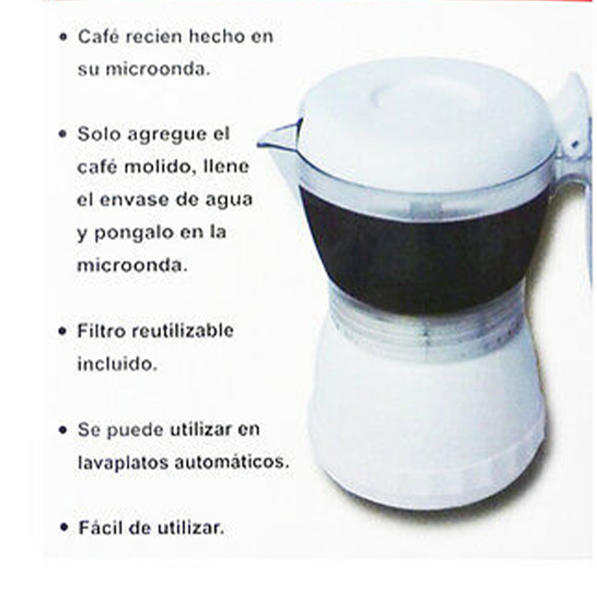 Cafetera blanca y negra con descripciones de texto. Fondo blanco. Instrucciones de uso.