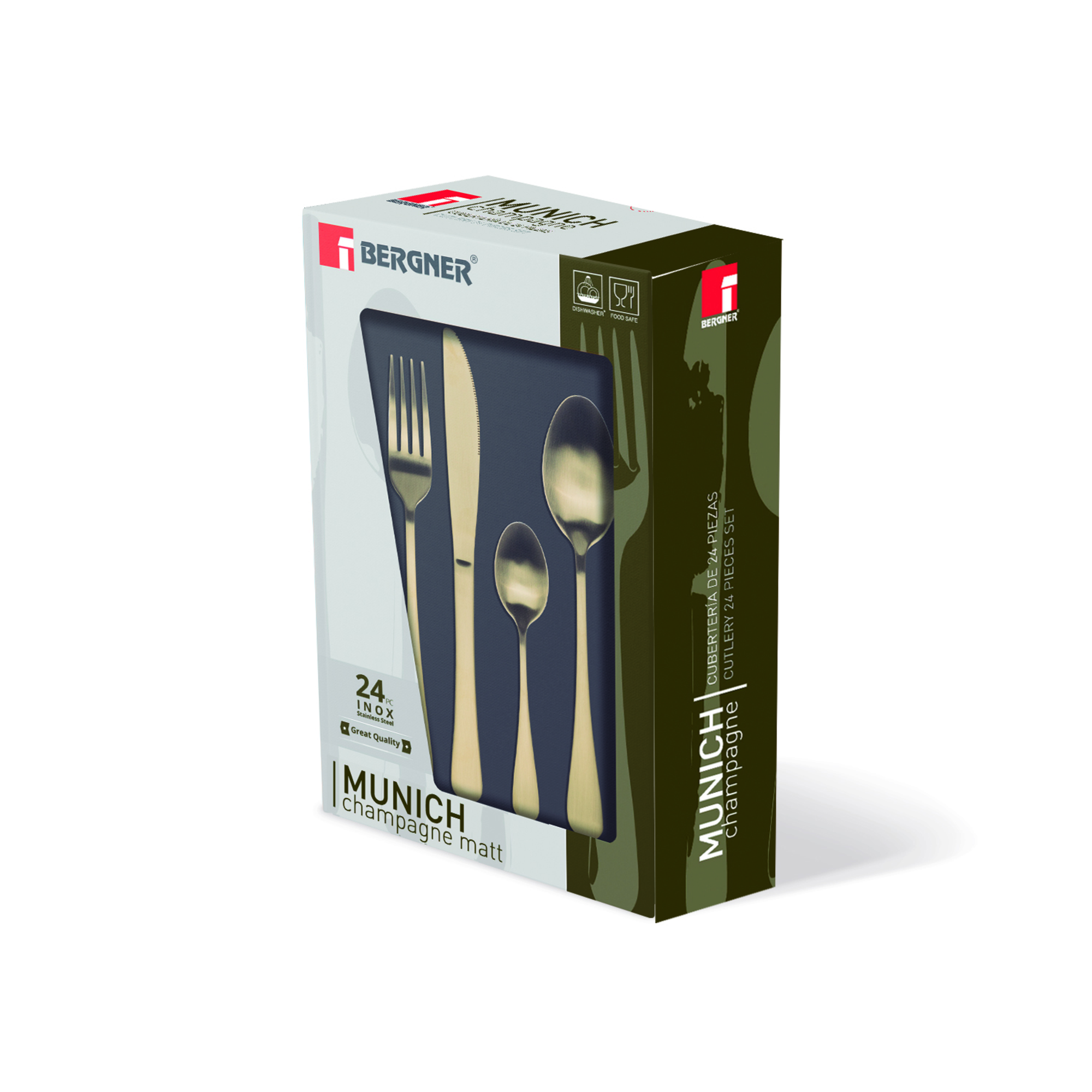Juego de cubiertos en una caja, con tenedor, cuchillo, cuchara y cucharadita.