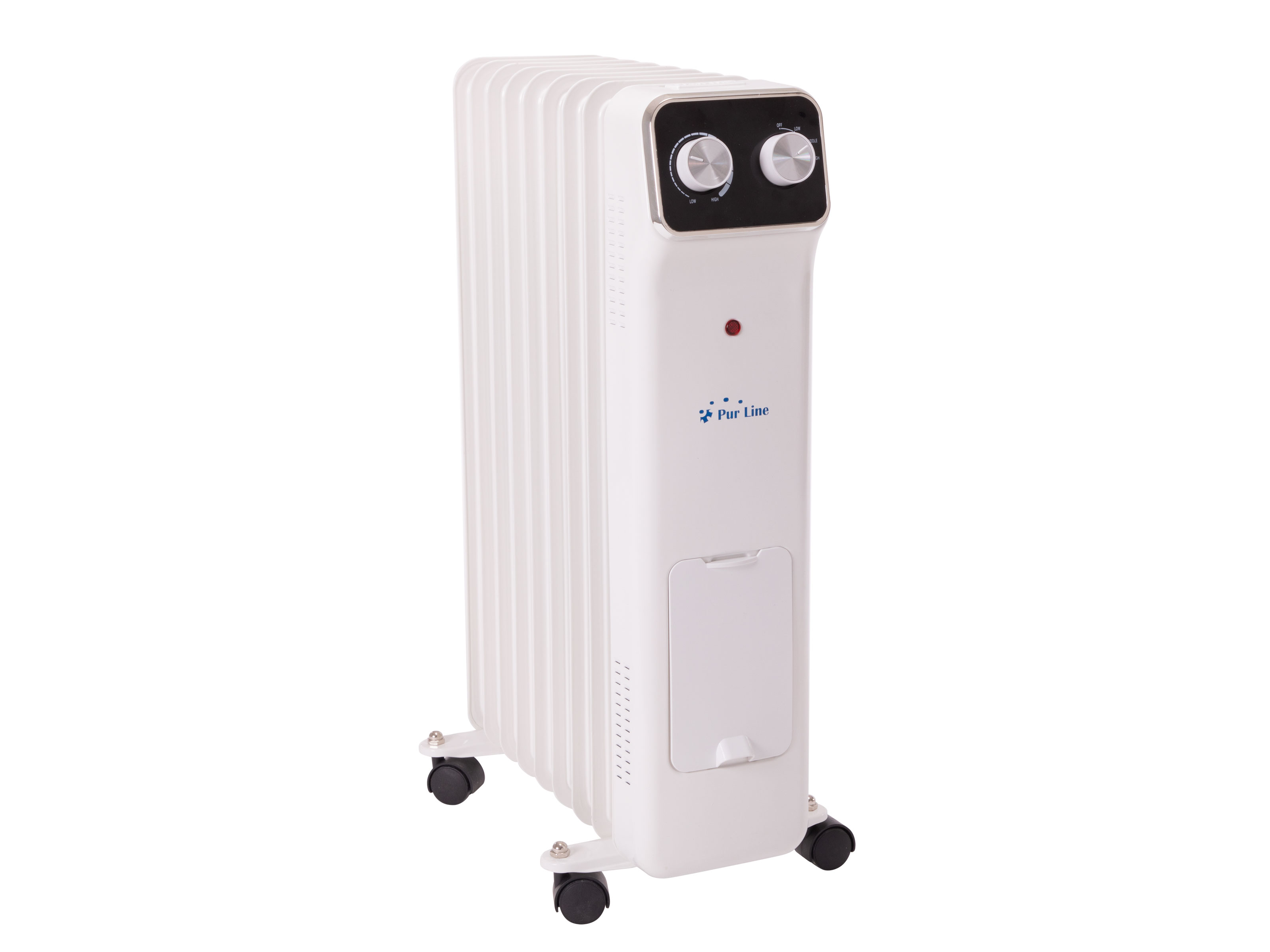 Weißer Ölradiator mit Bedienelementen und Pur Line Logo. Räder unten.