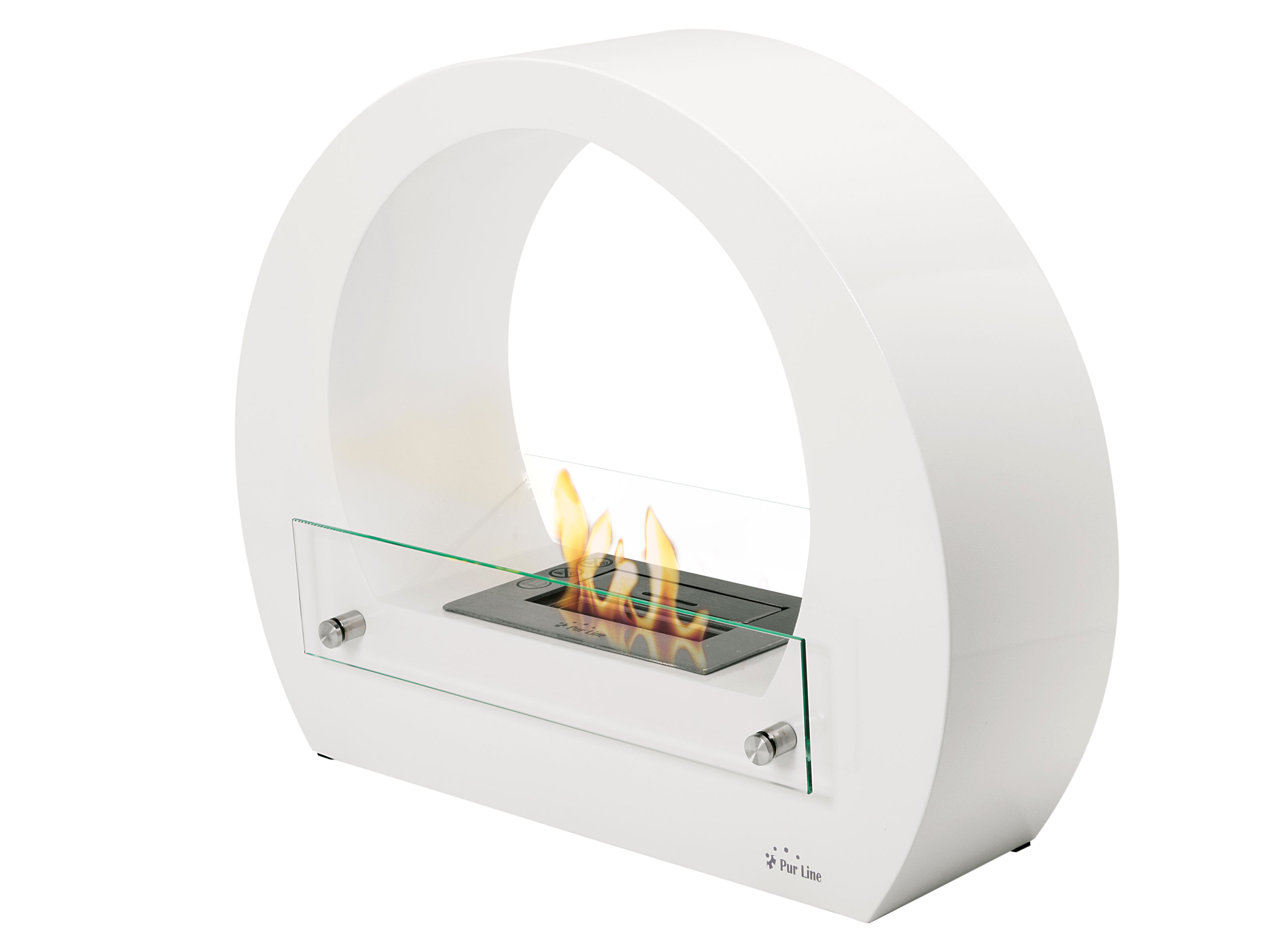 Caminetto circolare bianco con una fiamma all'interno. La struttura è un cerchio bianco.