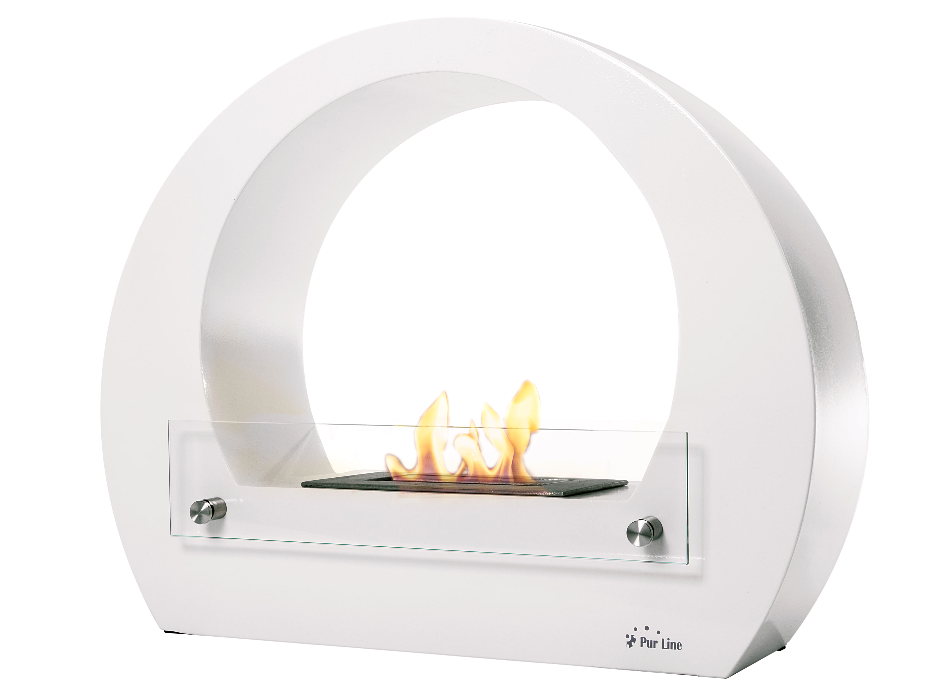 Un caminetto circolare bianco con fiamme dietro il vetro. Ha una cornice bianca e una base nera.
