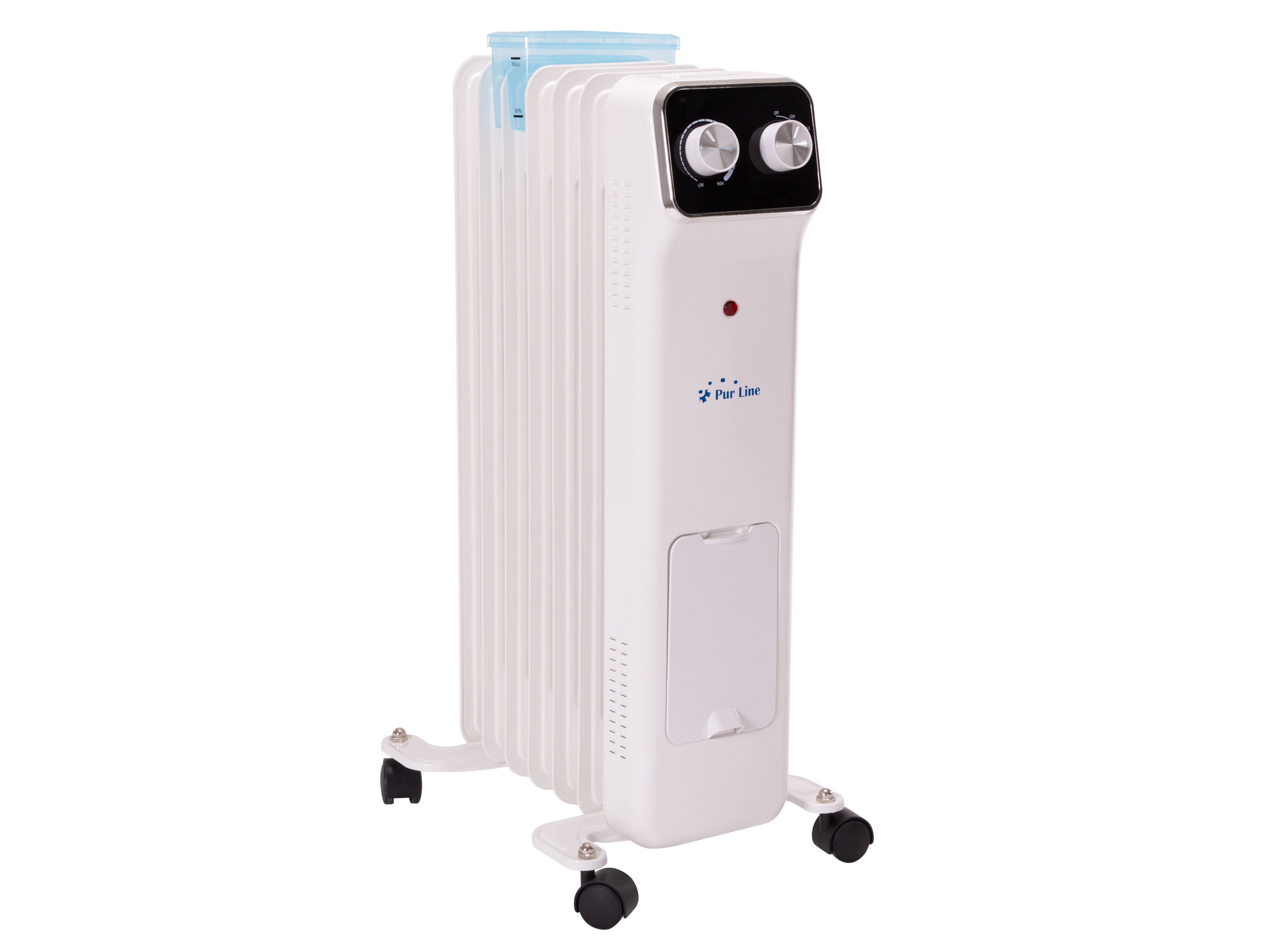Weißer Ölradiator auf Rädern mit Bedienelementen und digitaler Anzeige. Es hat eine weiße Tür.