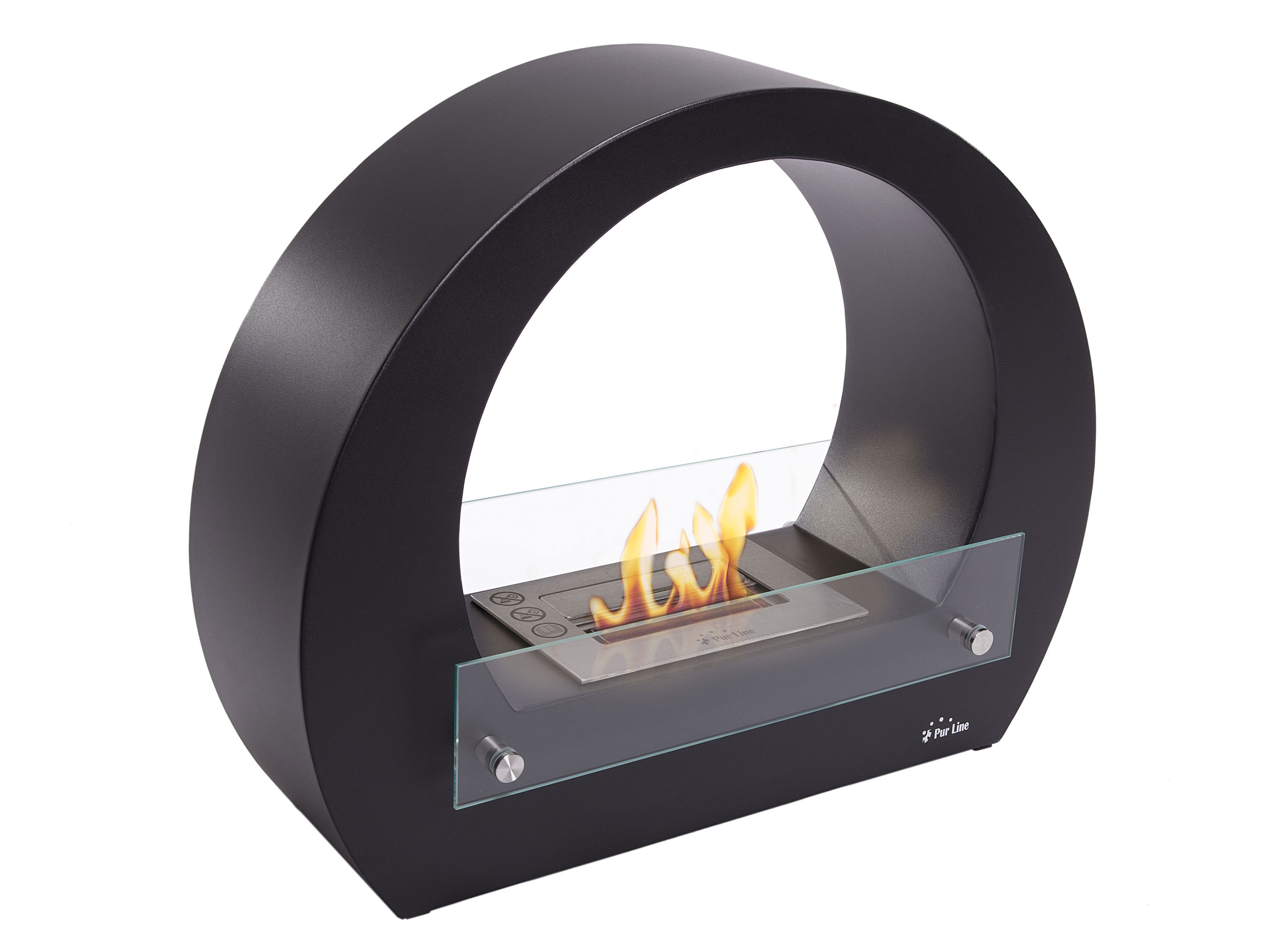 Chimenea negra y circular con llamas. Tiene un frente de vidrio y está sobre una superficie blanca.