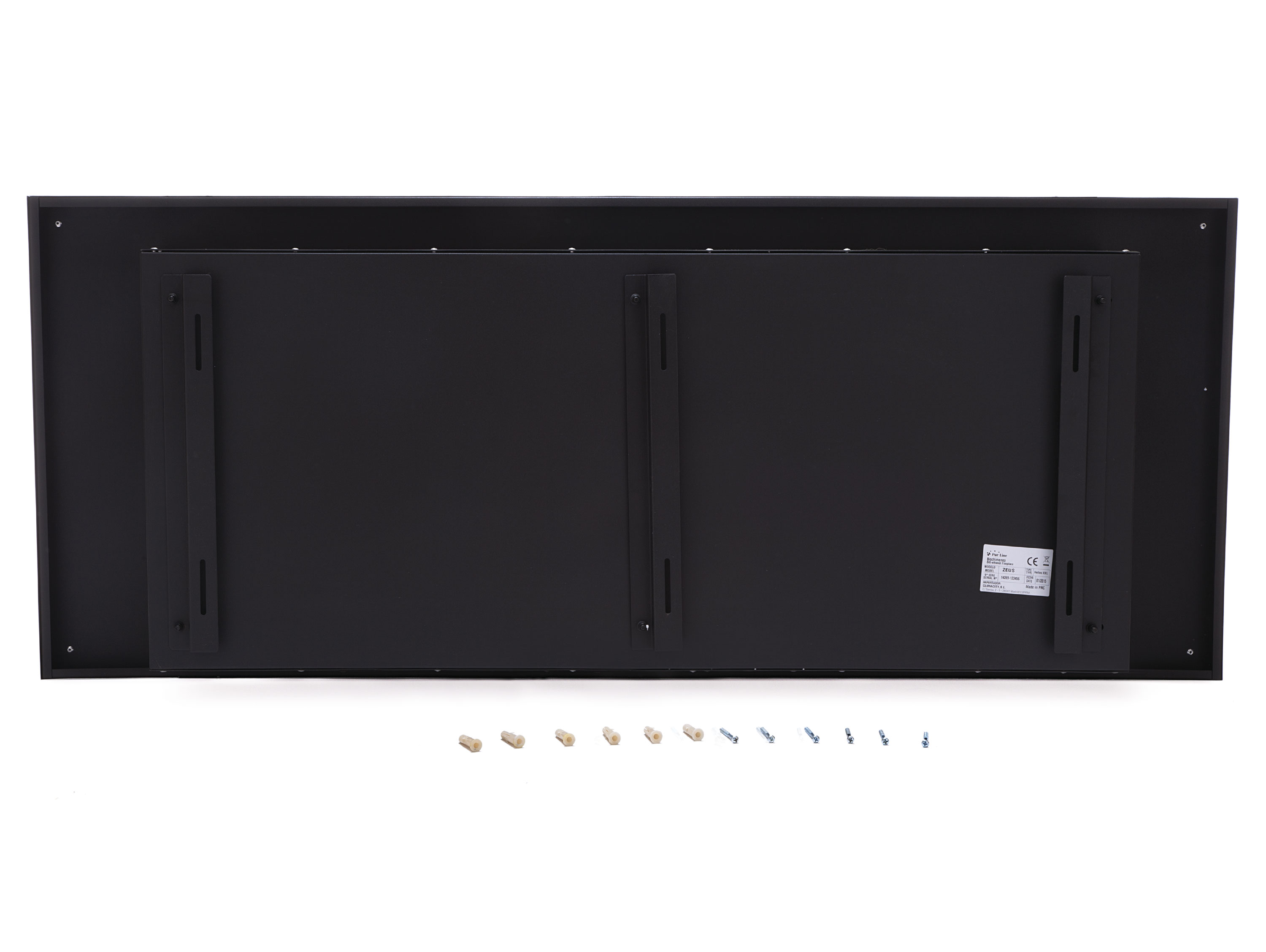 Die Rückseite eines schwarzen Monitors mit Halterungen und Hardware.
