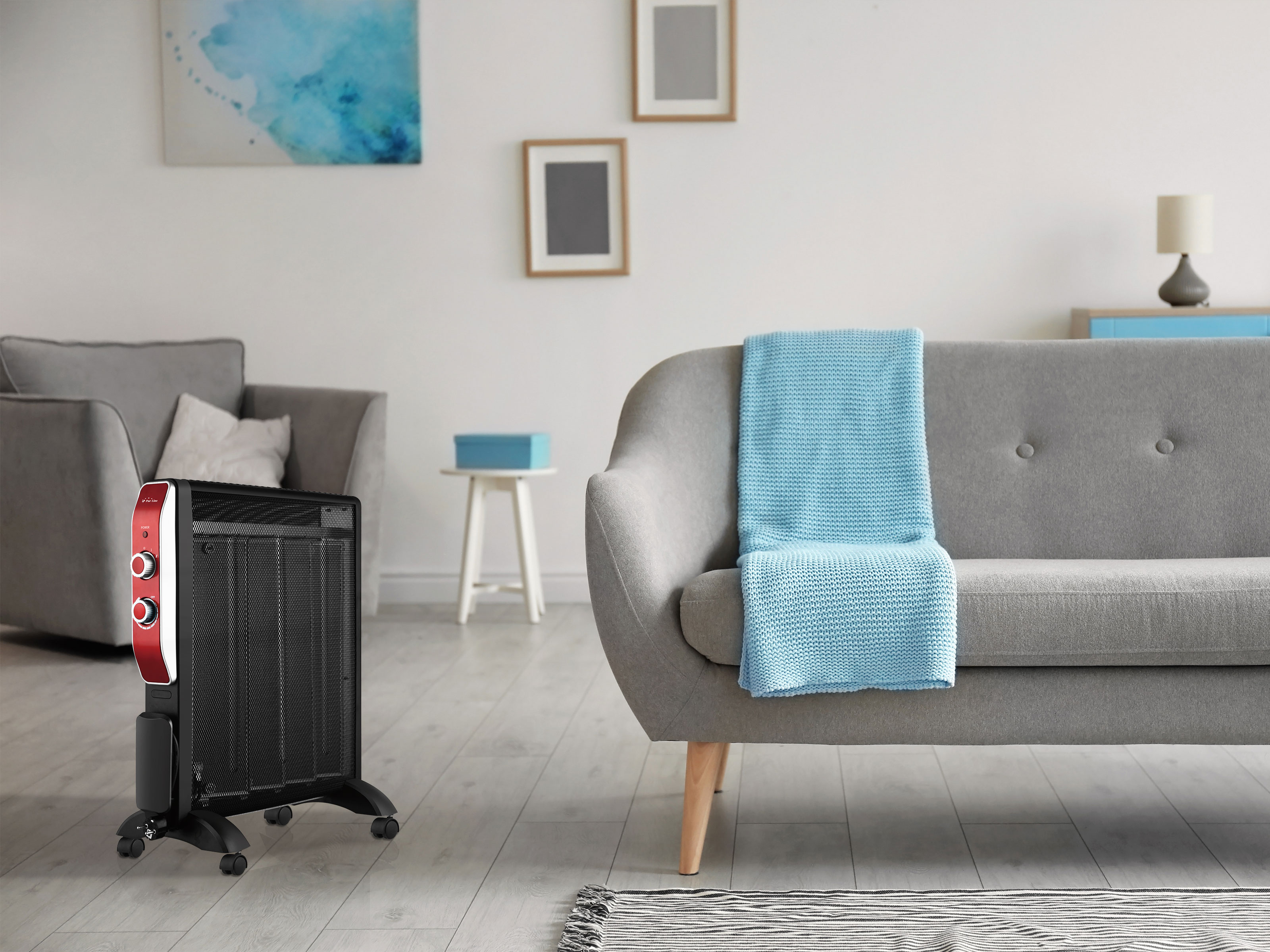 Ein Wohnzimmer mit Heizung, grauem Sofa, blauer Decke und Kunstwerken. Ein Teppich auf dem Boden.