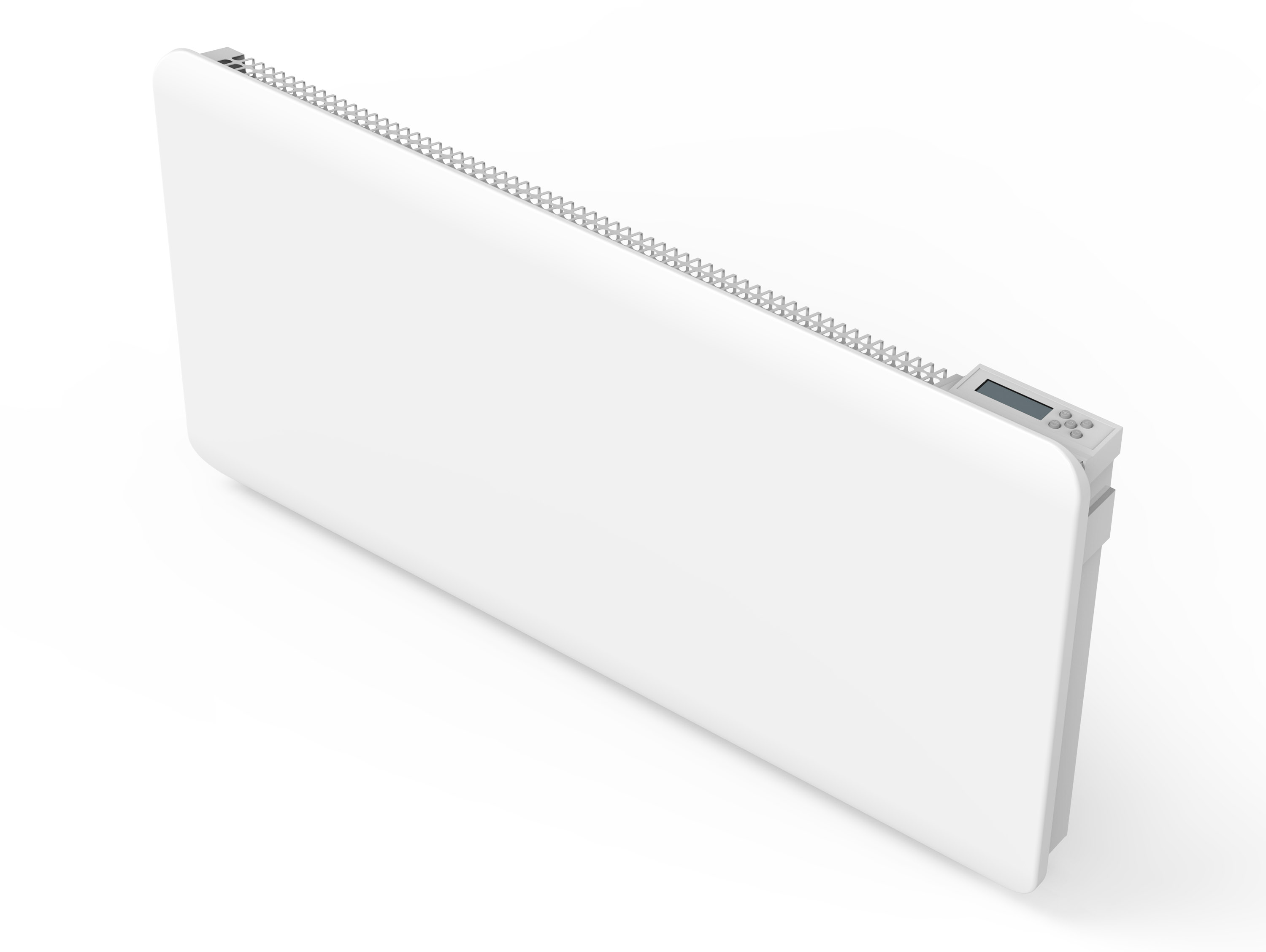 Un calefactor eléctrico rectangular blanco con pantalla digital y panel de control lateral.