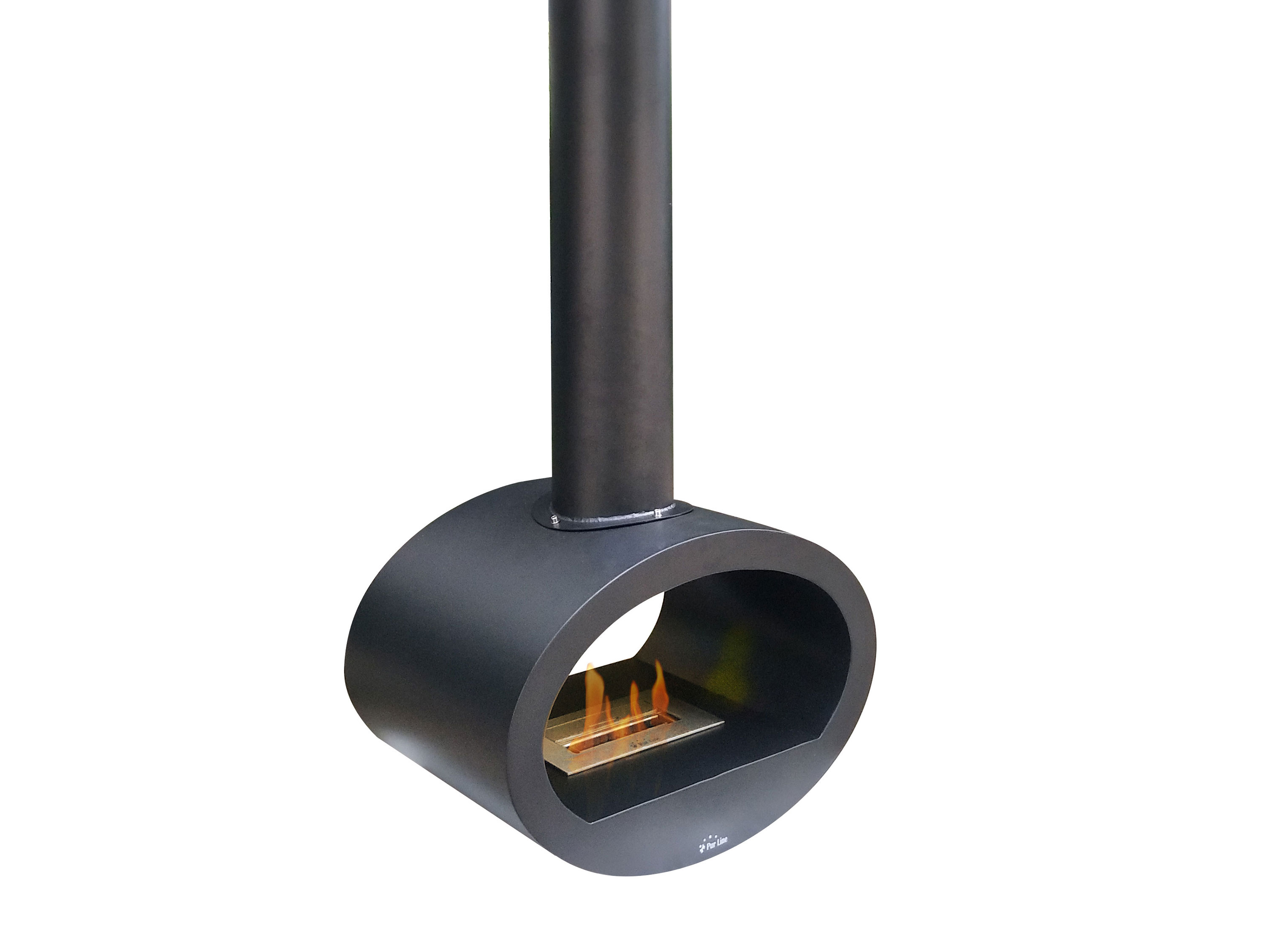 Caminetto nero, a forma ovale, con fiamma. Sospeso al soffitto.