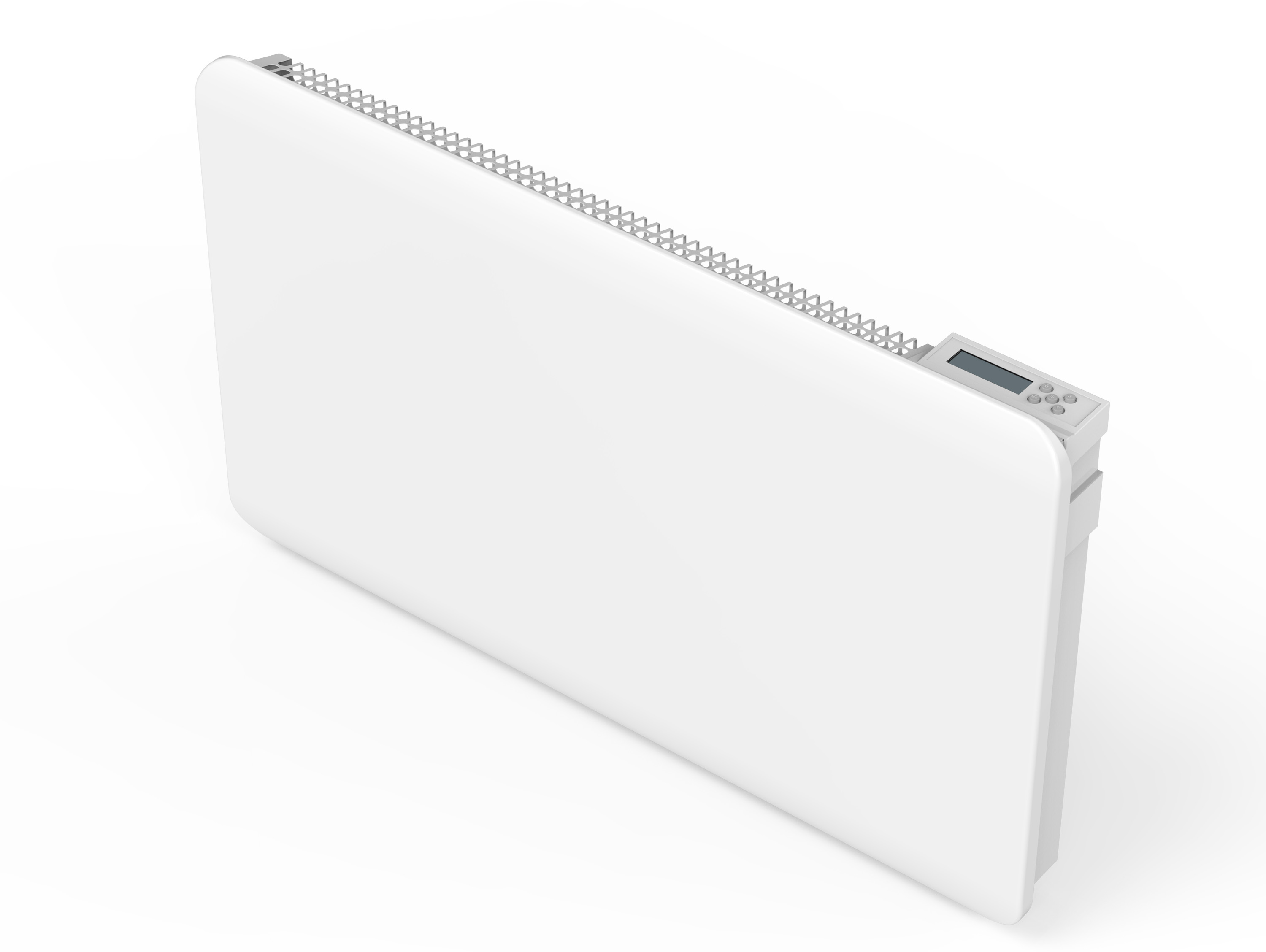 Termosifone elettrico bianco con display digitale. Sfondo bianco, design moderno.