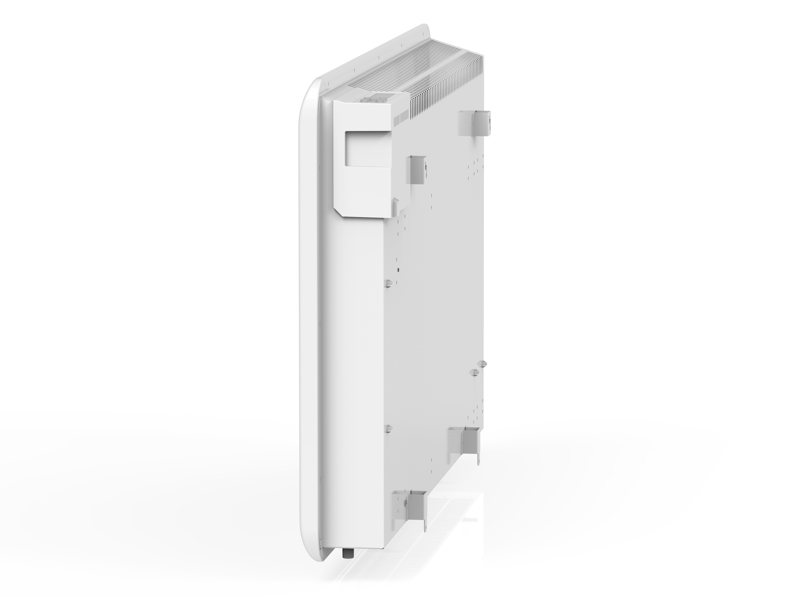 Un dispositivo elettronico bianco, probabilmente un riscaldatore, visto di lato, su sfondo bianco.
