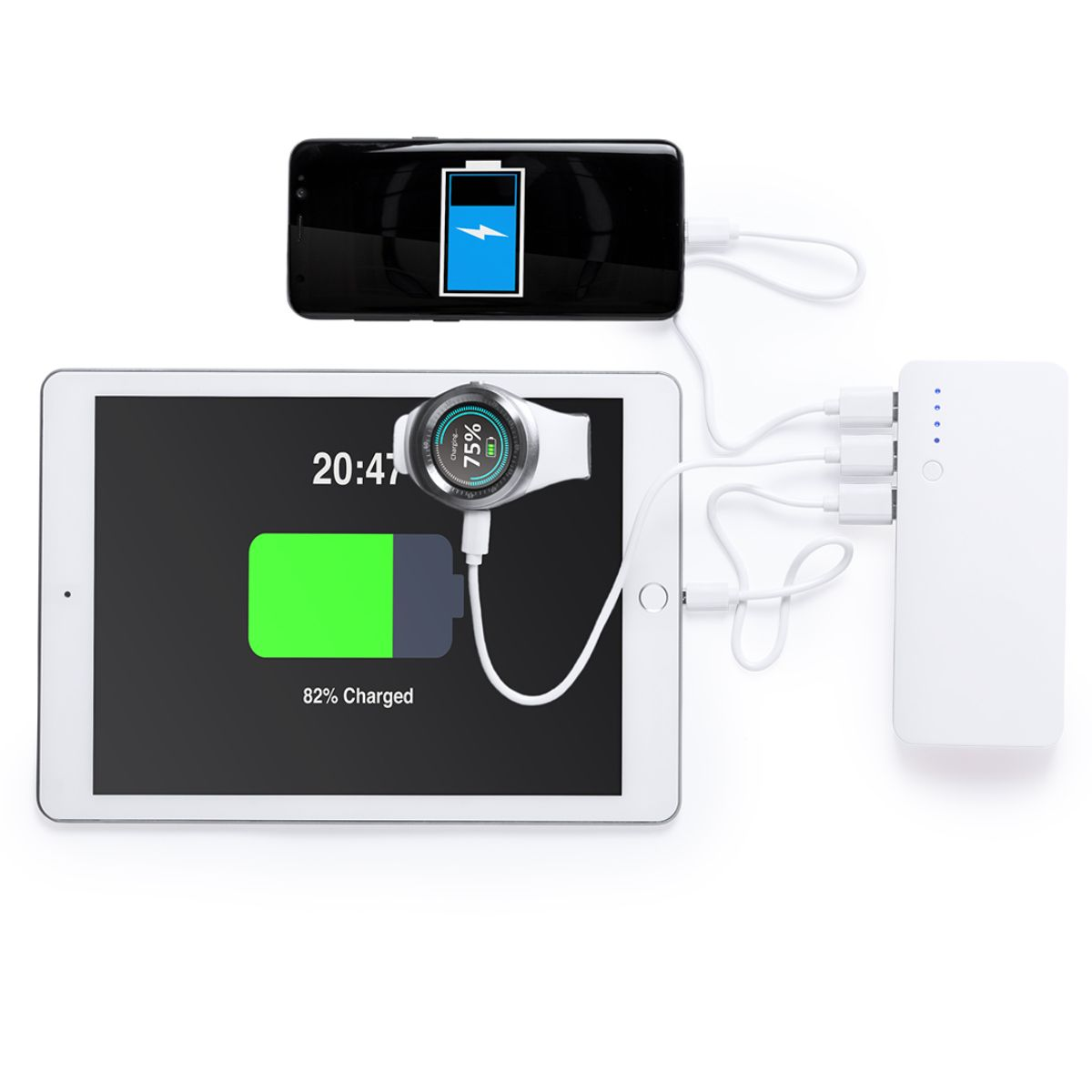 Tableta, teléfono y reloj inteligente cargando. Cargador y cables blancos.