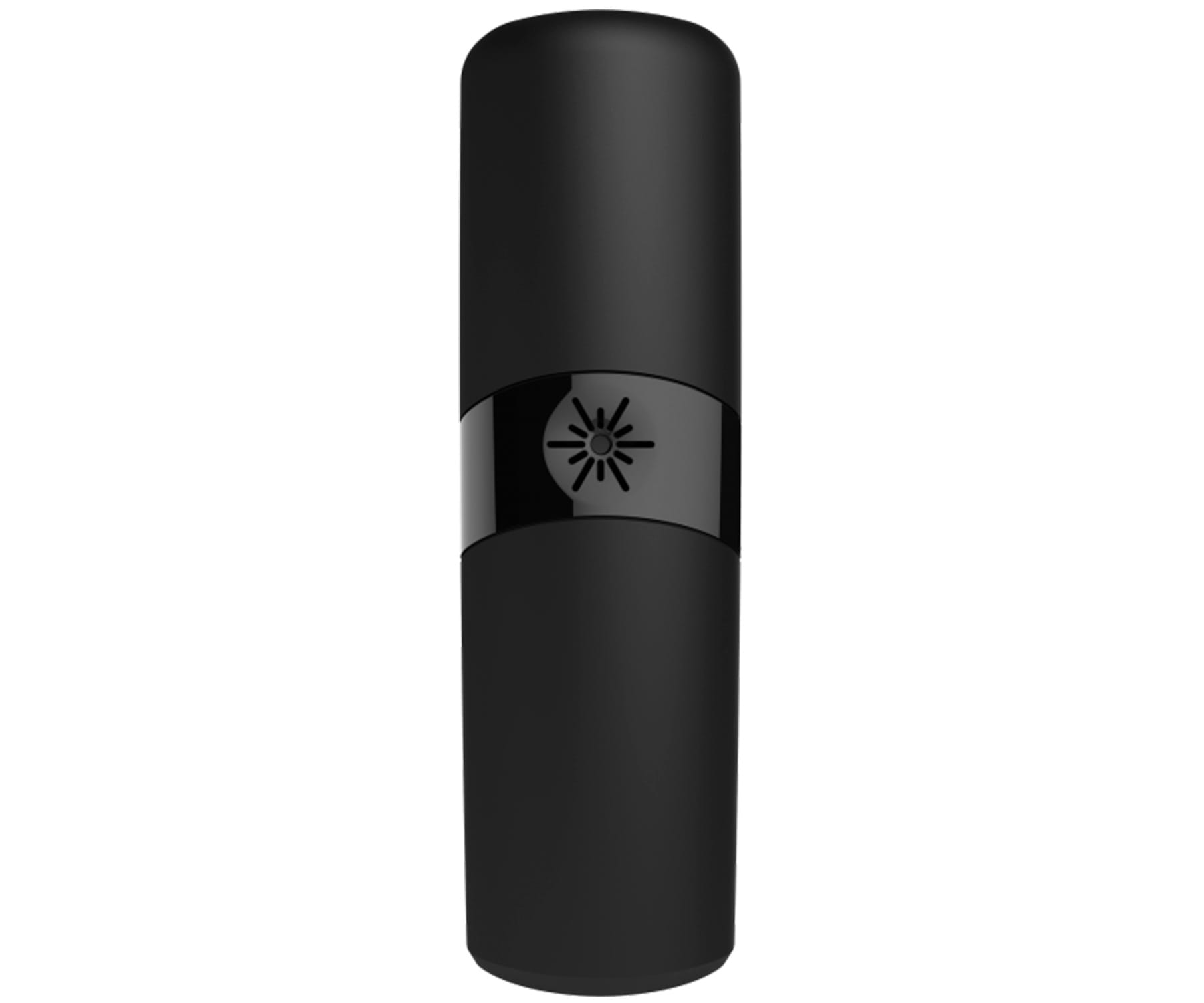 Haut-parleur intelligent noir. Le haut-parleur est cylindrique avec une bande noire et un motif en forme d'étoile.