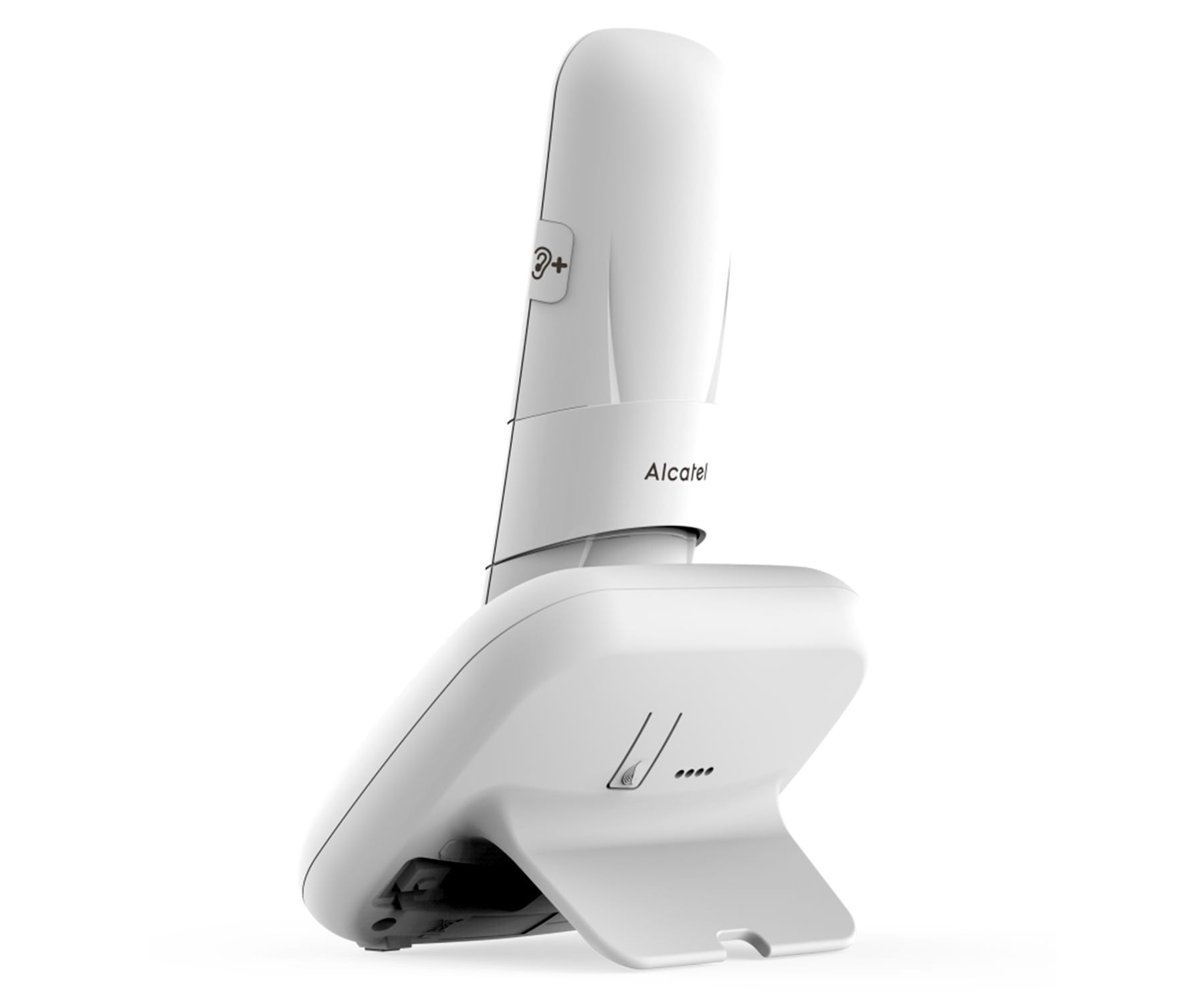 Witte draadloze telefoonbasis en handset, met het Alcatel-logo, geïsoleerd op wit.