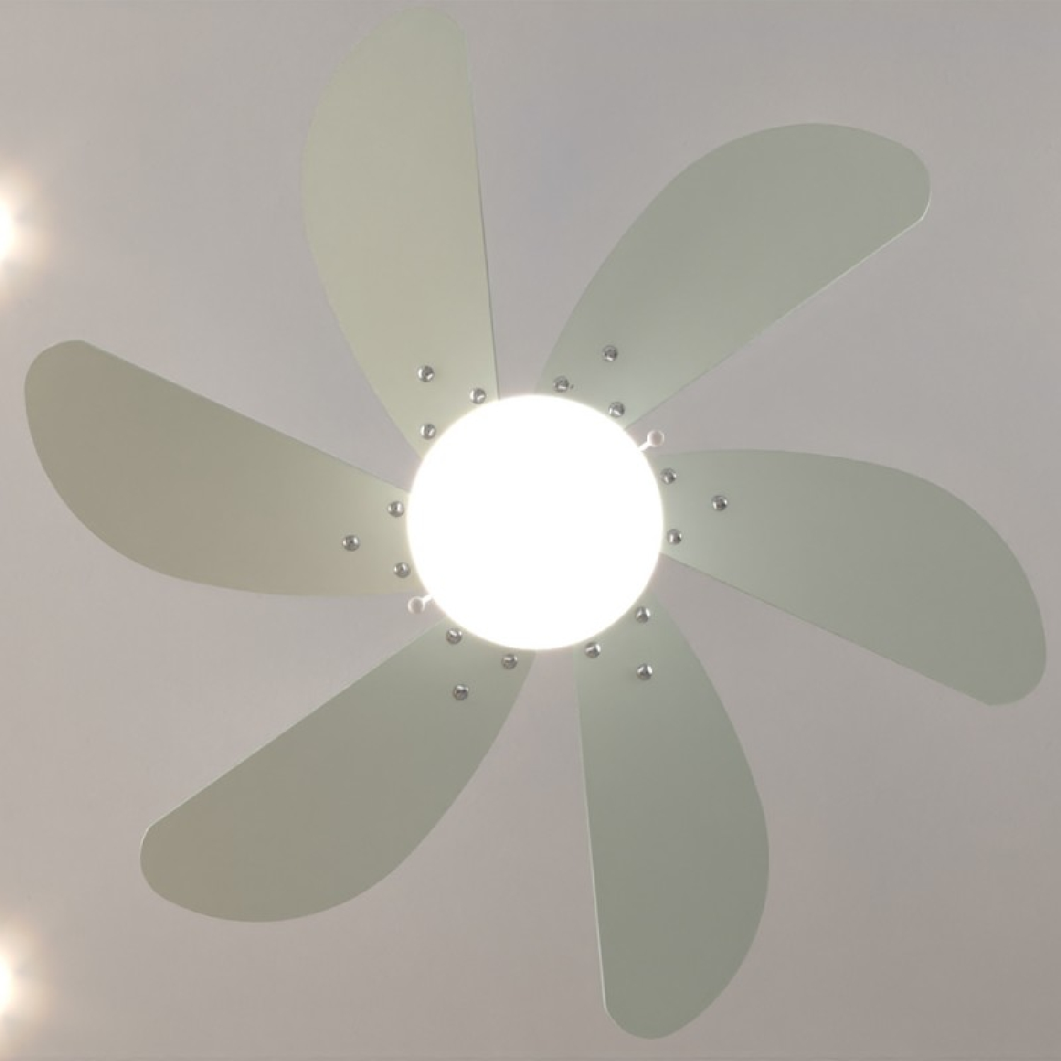 Deckenventilator mit sechs Flügeln. Die Flügel sind hellgrün. Der Ventilator ist mit hellem Deckenlicht beleuchtet.